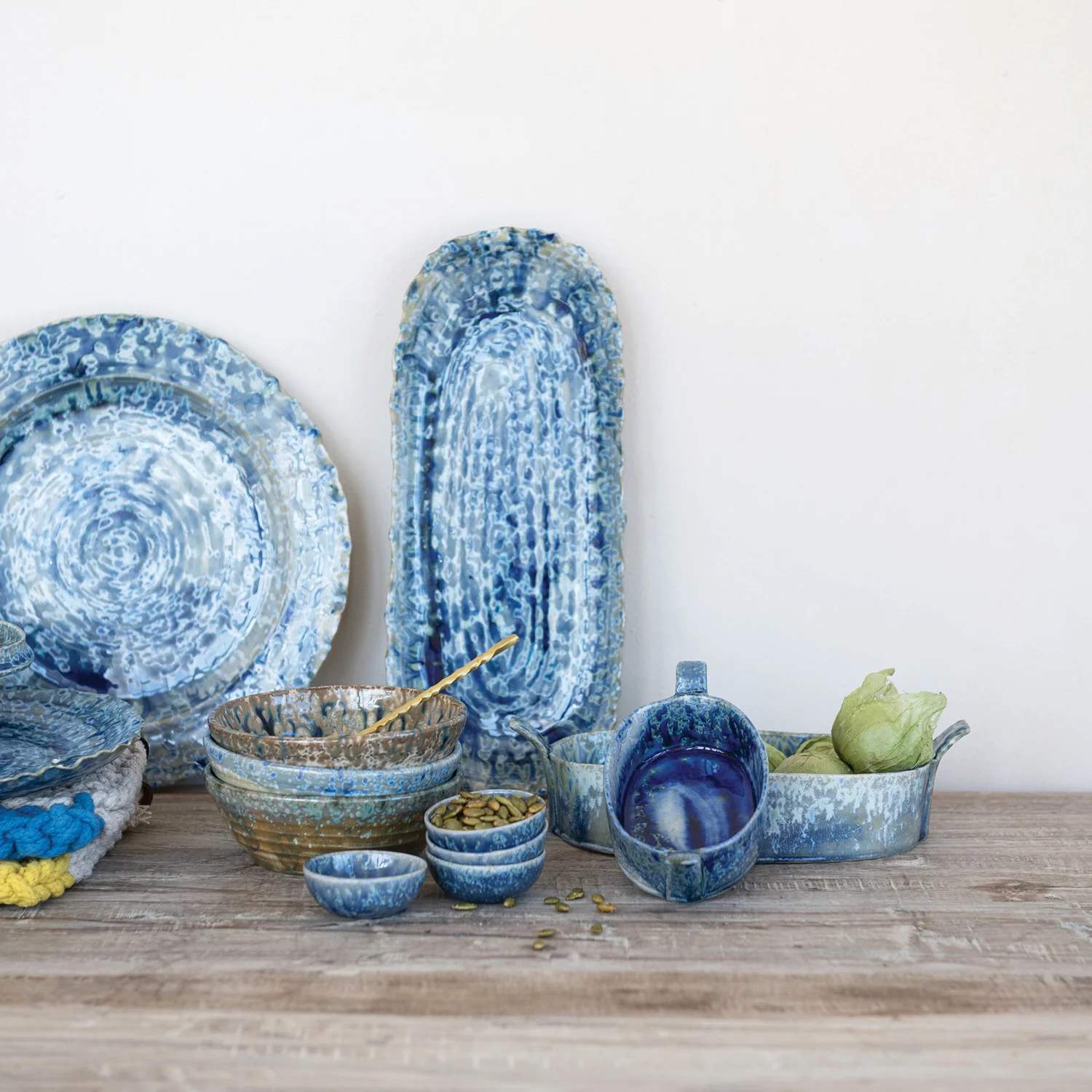 Stoneware Platter with Blue Reactive Crackle Glaze