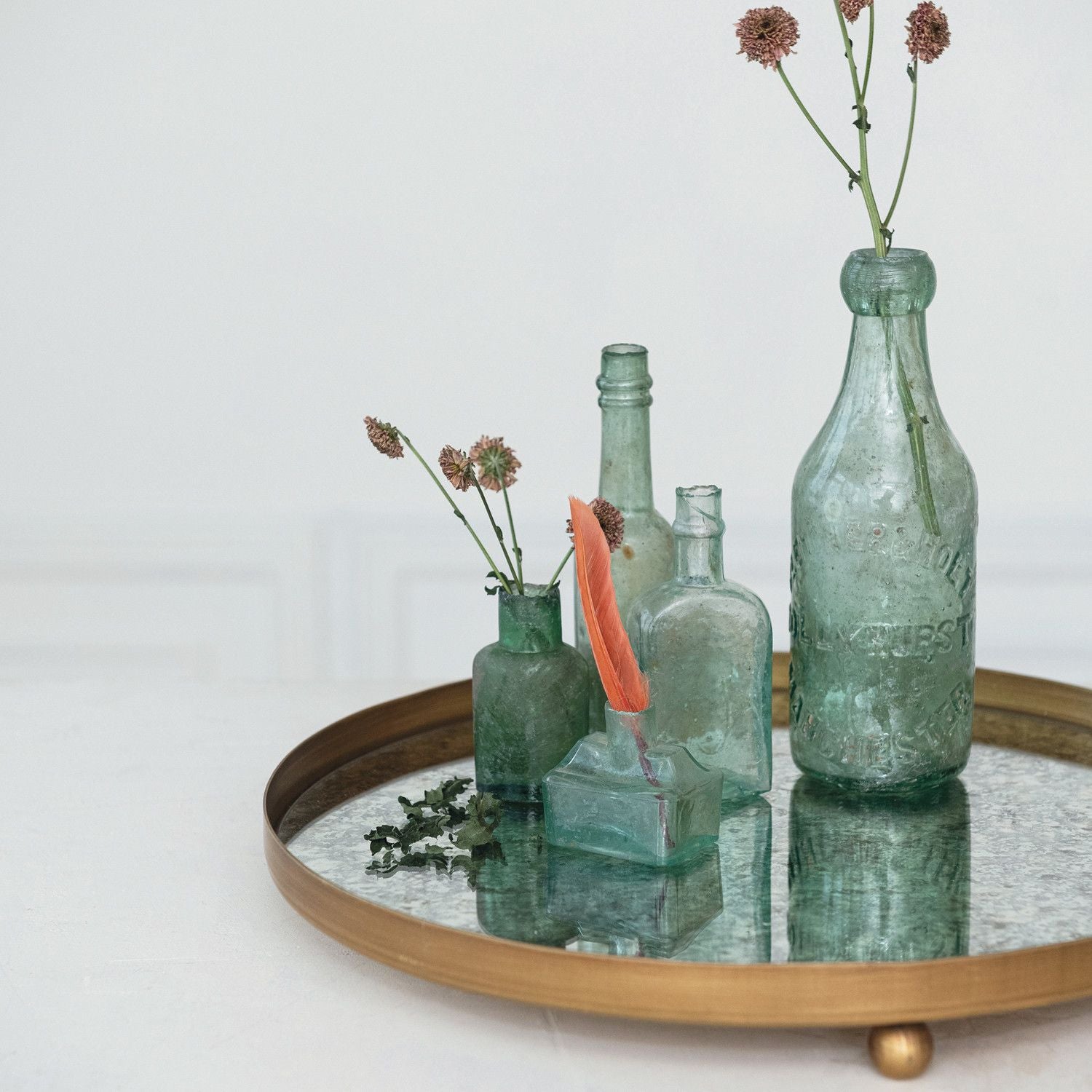 Decorative Metal Footed Antiqued Mirror Tray with Gold Finish