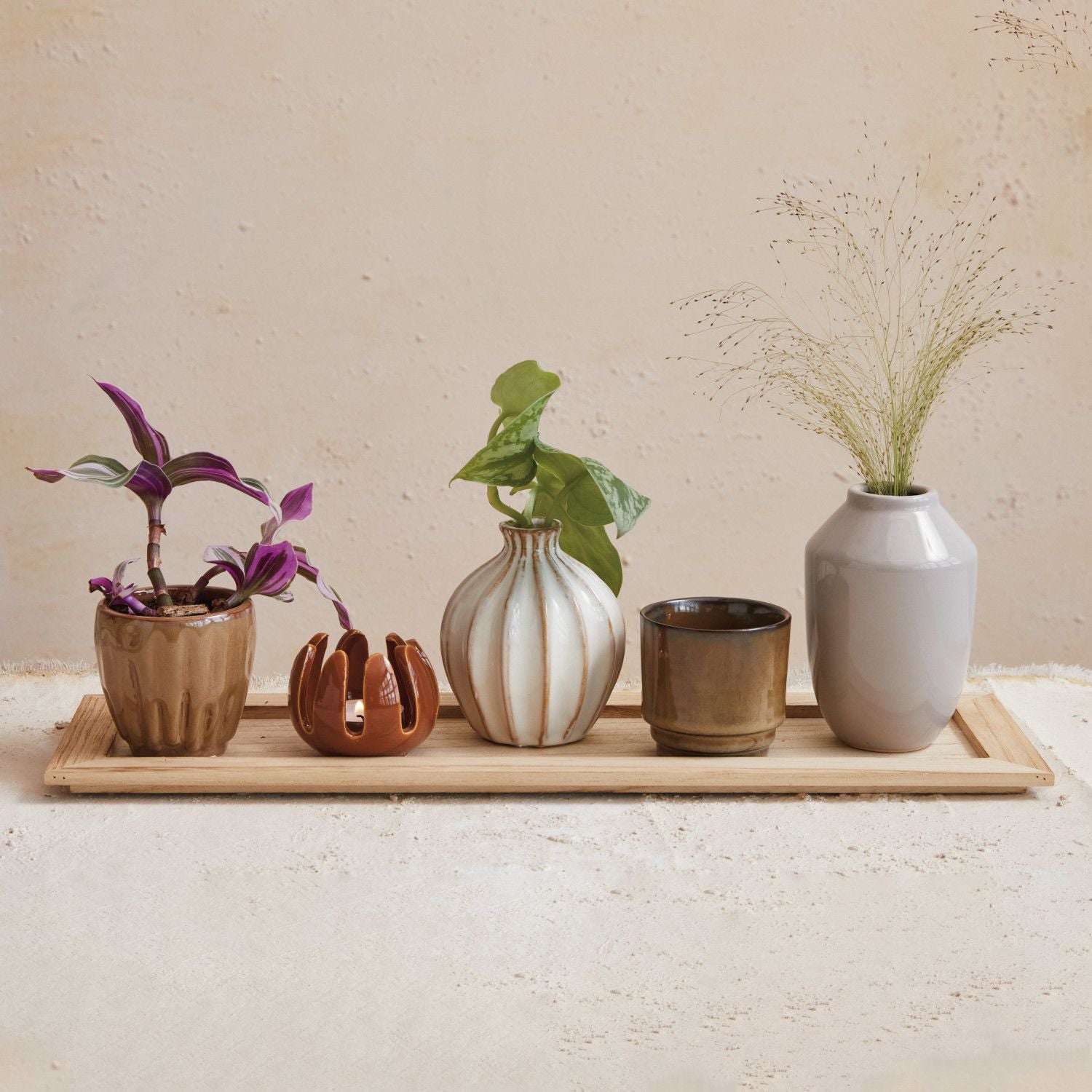 Wood Tray with 5 Stoneware Vases