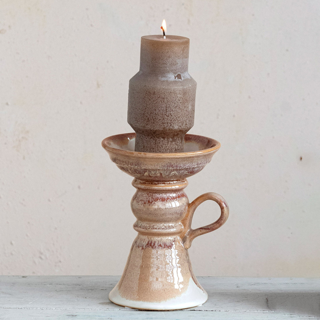 Stoneware Pillar Holder w/ Handle