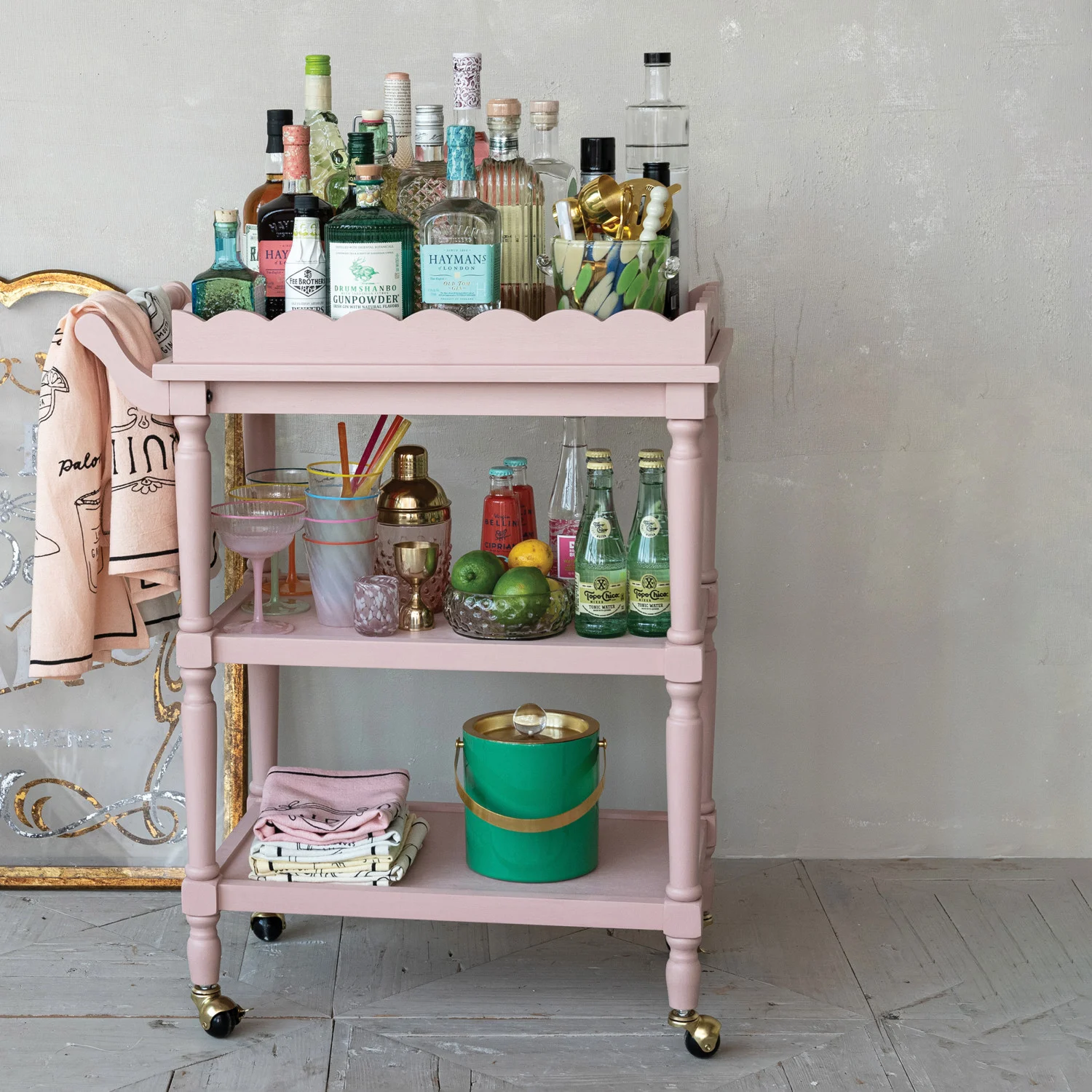 Wood 3-Tier Bar Cart on Casters with Removable Tray
