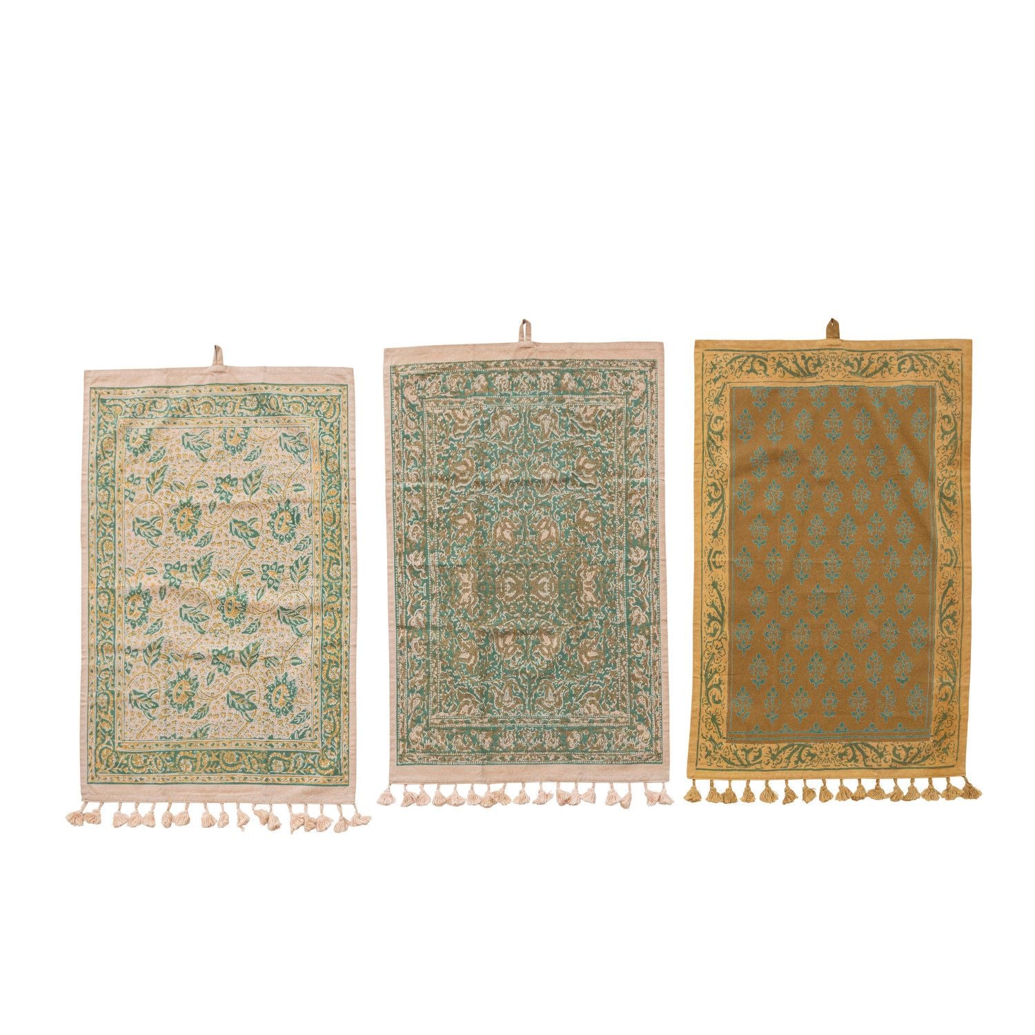 Cotton Printed Tea Towel with Designs, Tassles, Loop