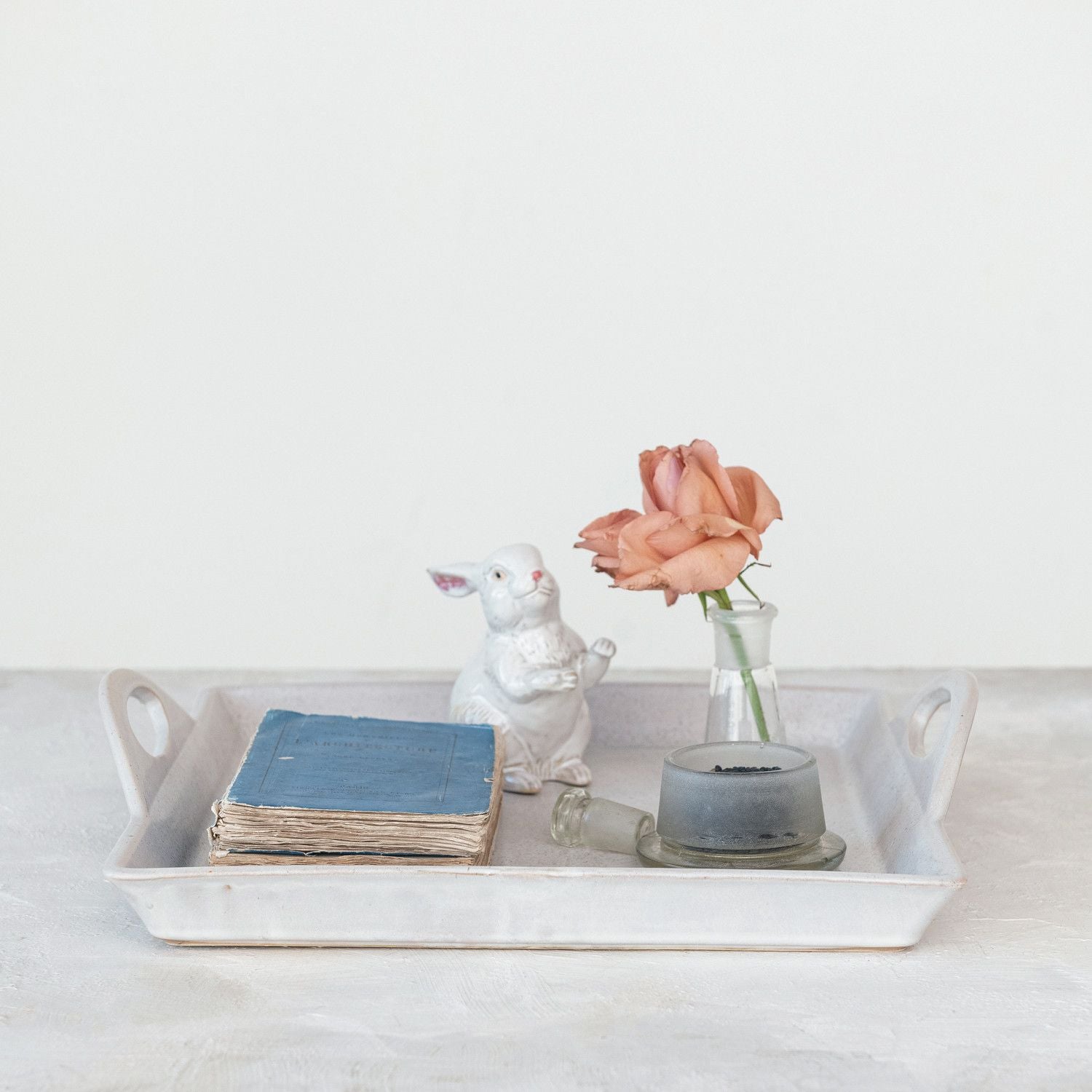 Antique White Stoneware Tray with Handles