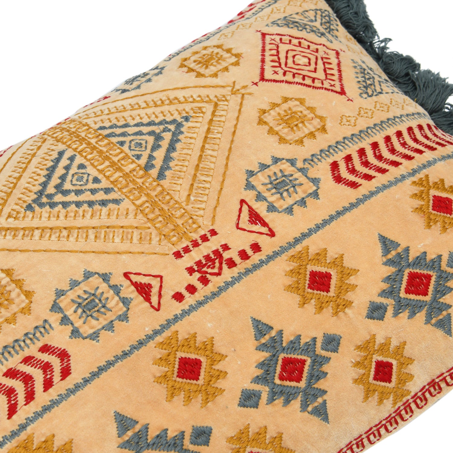 Cotton Velvet Embroidered Lumbar Pillow w/ Chambray Back & Fringe