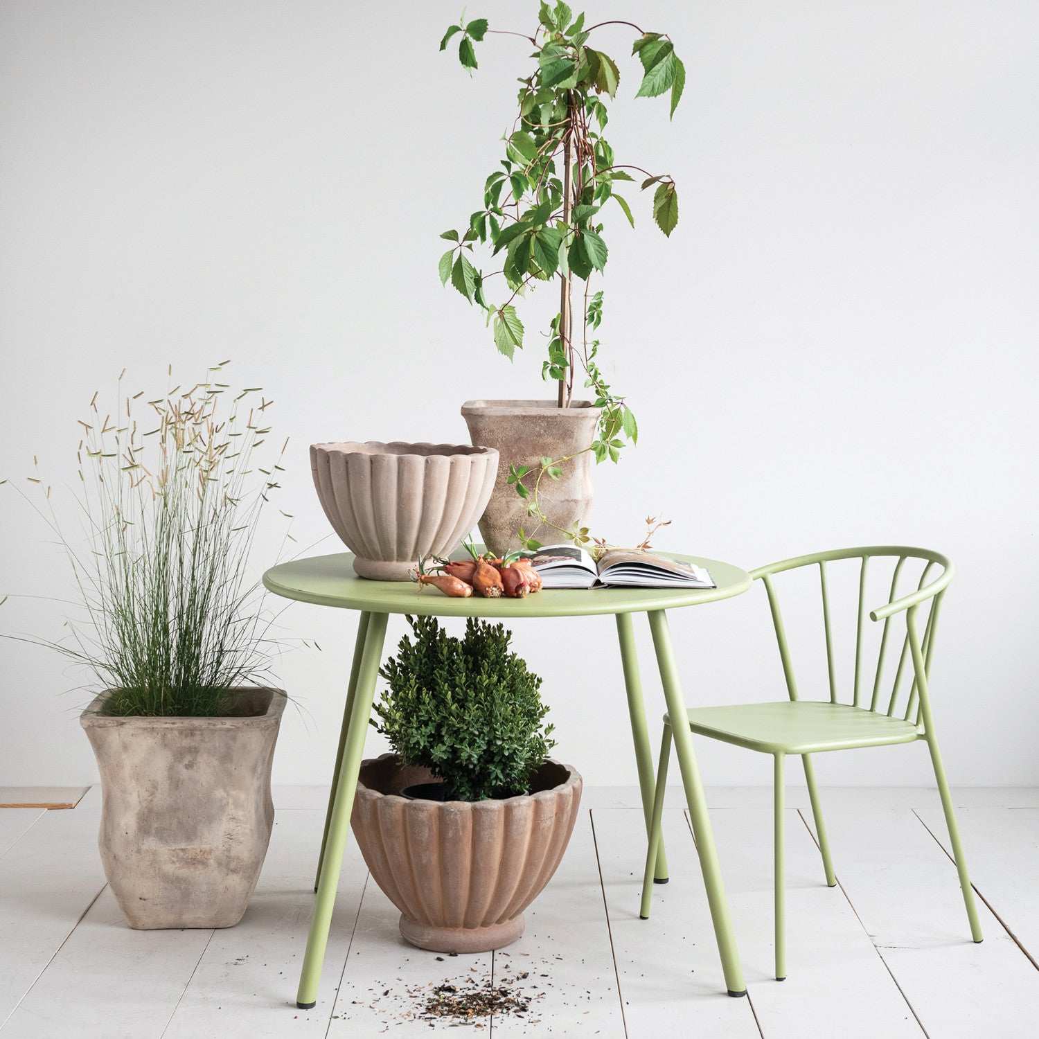 Green Metal Indoor/Outdoor Chair with Slatted Back