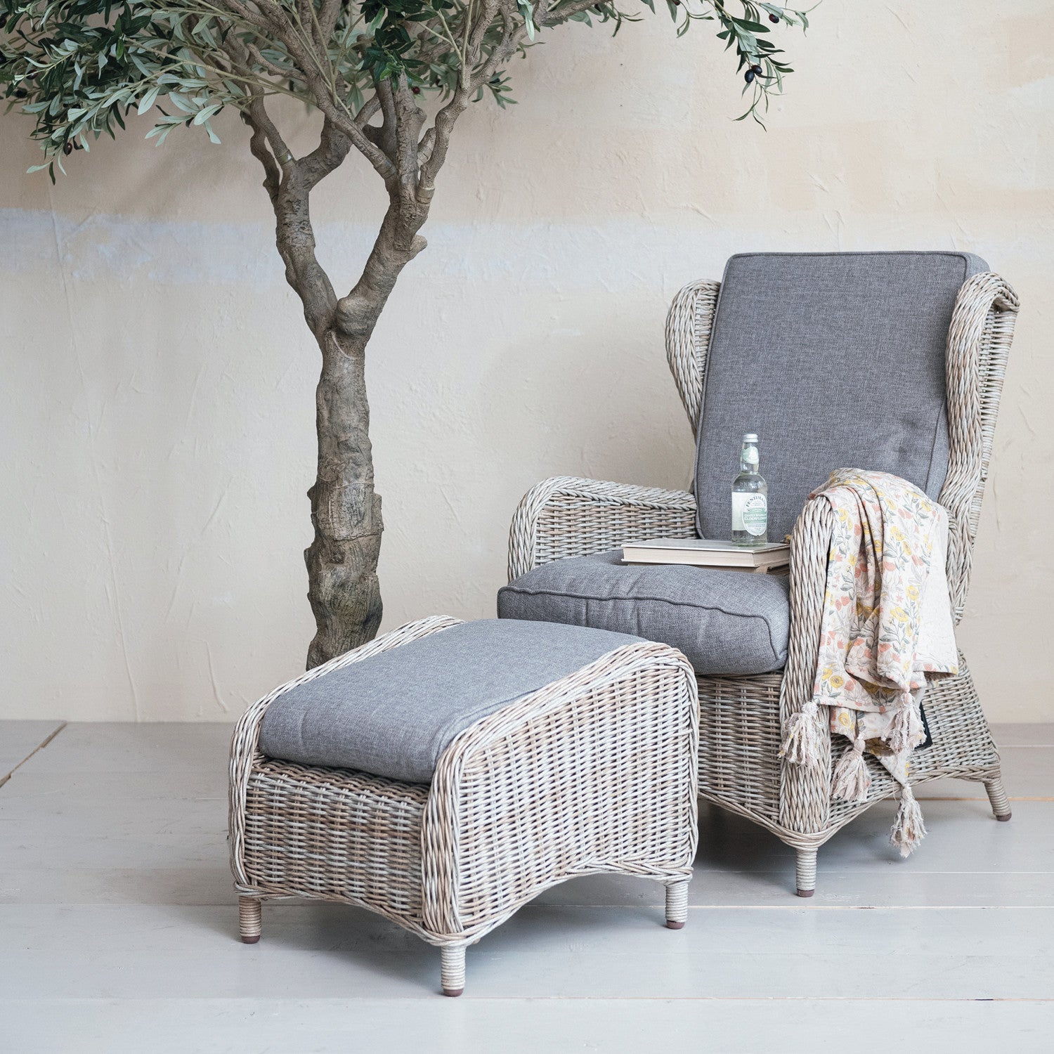 Hand-Woven Wicker Reclining Indoor/Outdoor Chair w/ Ottoman