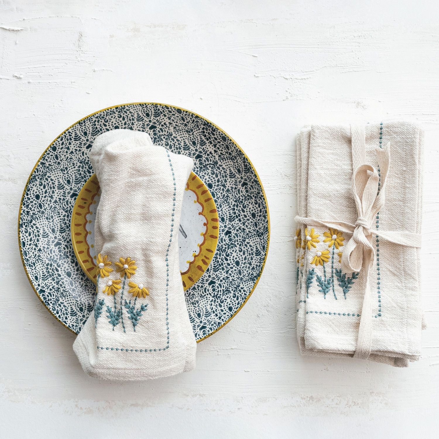 Cotton Napkins with Flowers & French Knots