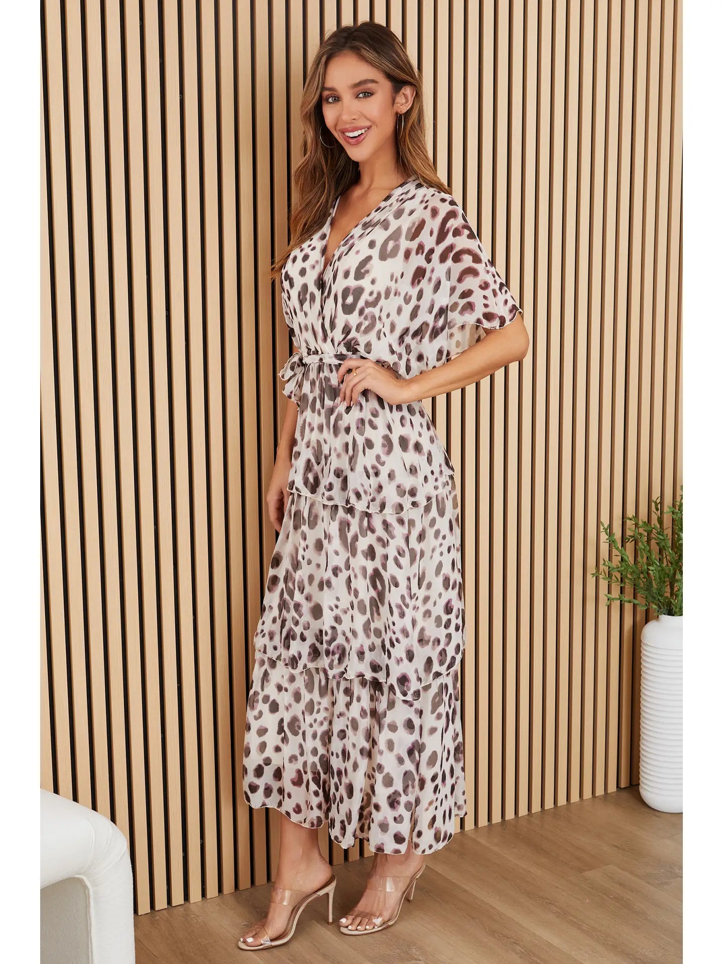 Leopard Empire Waist Tiered Silk Dress with Sash