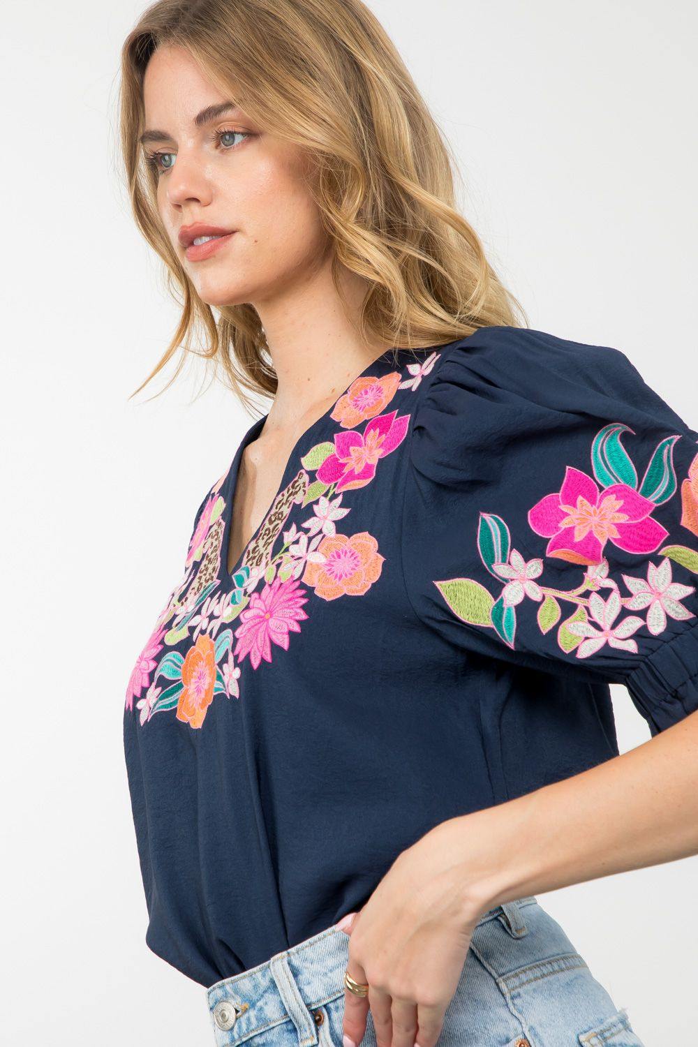 Navy Embroidered Floral V Neck Blouse