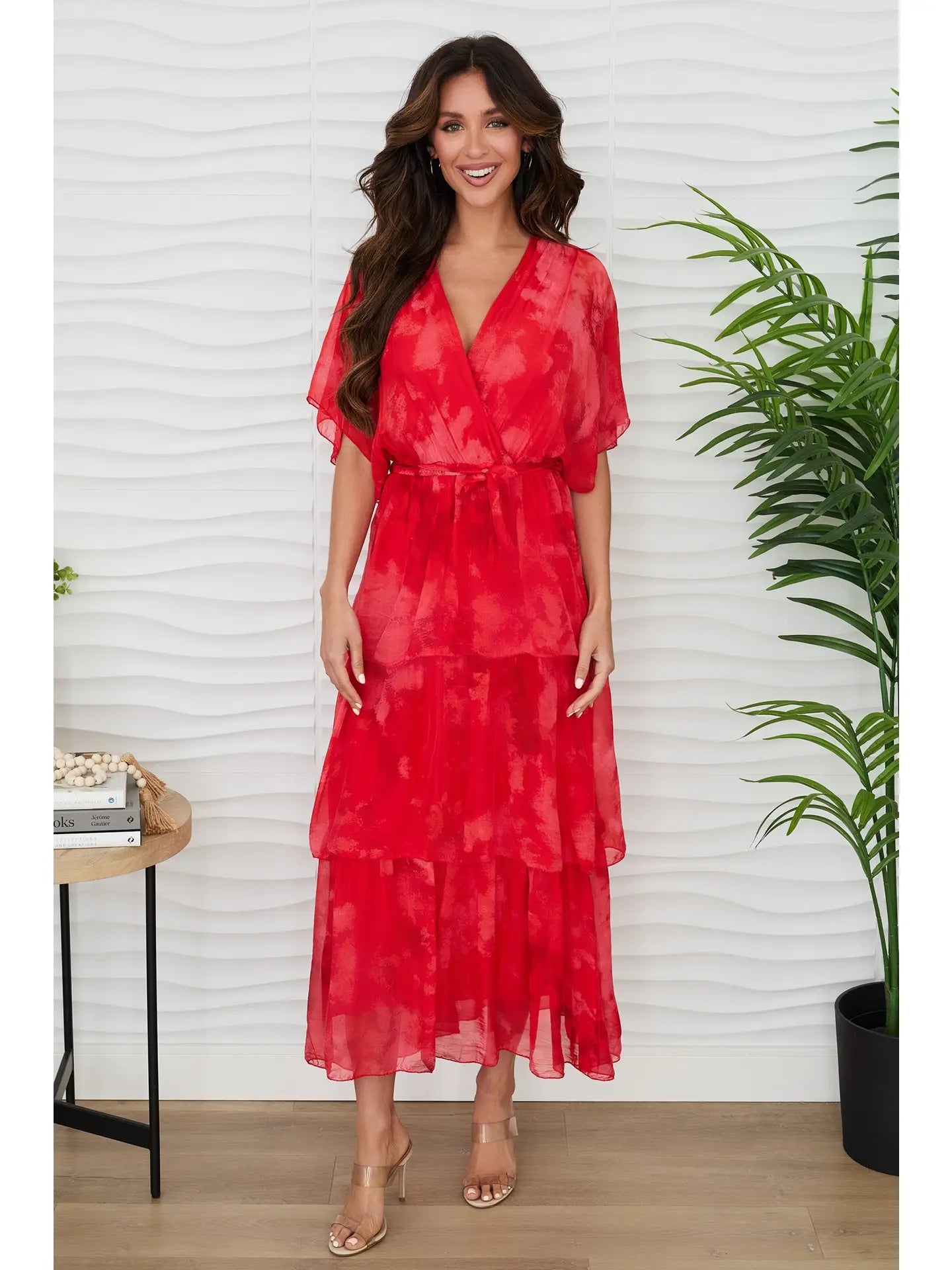 Splatter Print Empire Waist Tiered Silk Dress s