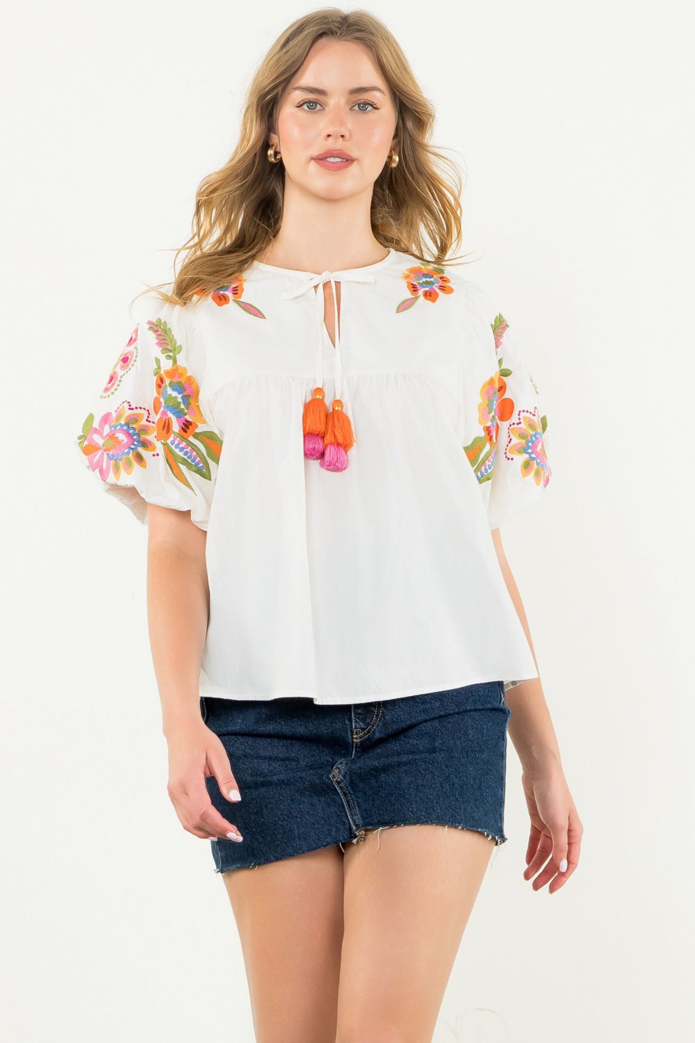 Embroidered Detail Puff Sleeve Top