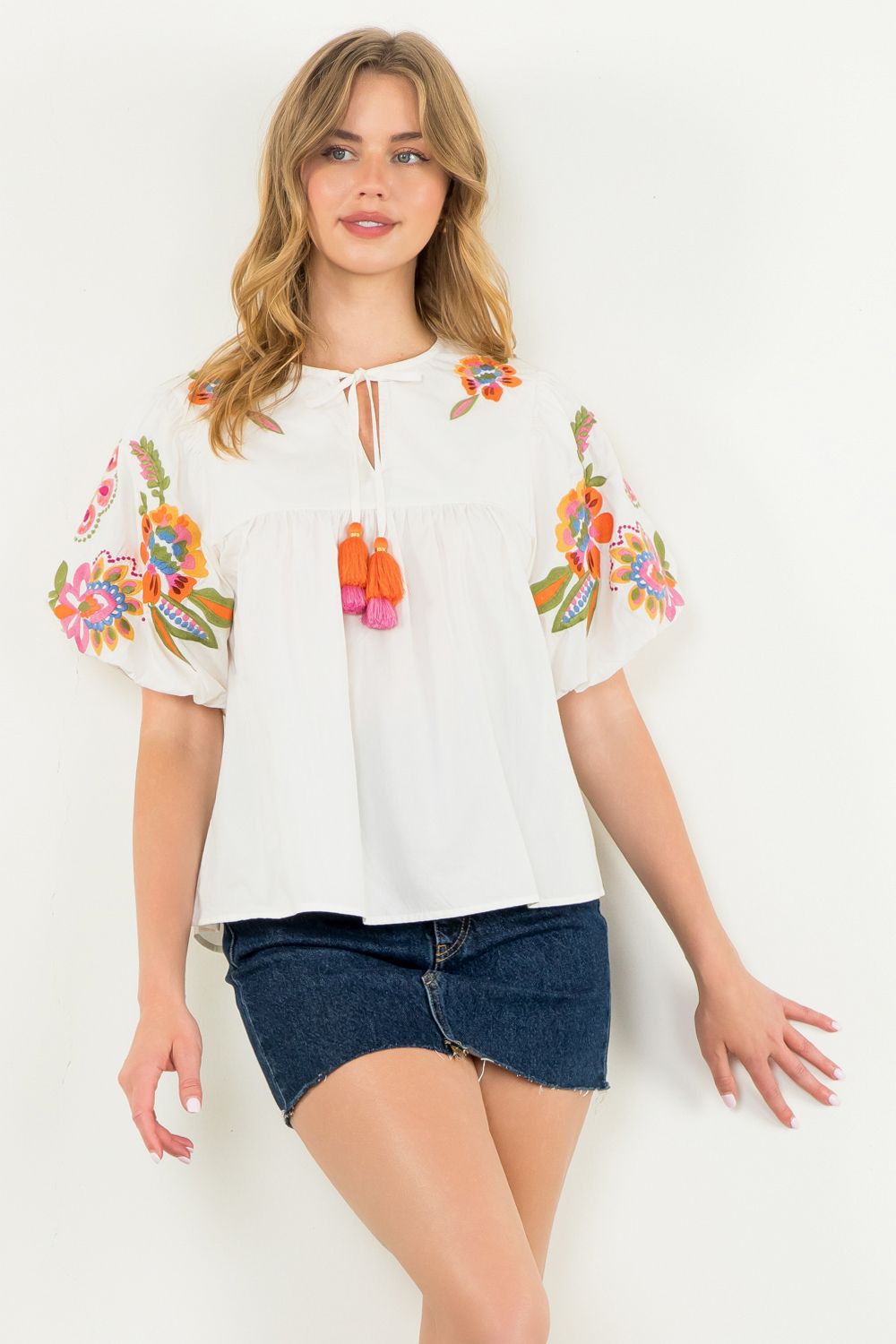 Embroidered Detail Puff Sleeve Top