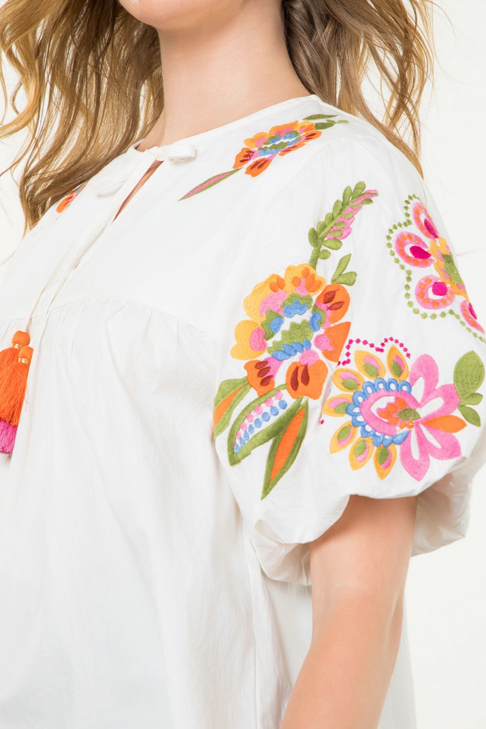 Embroidered Detail Puff Sleeve Top