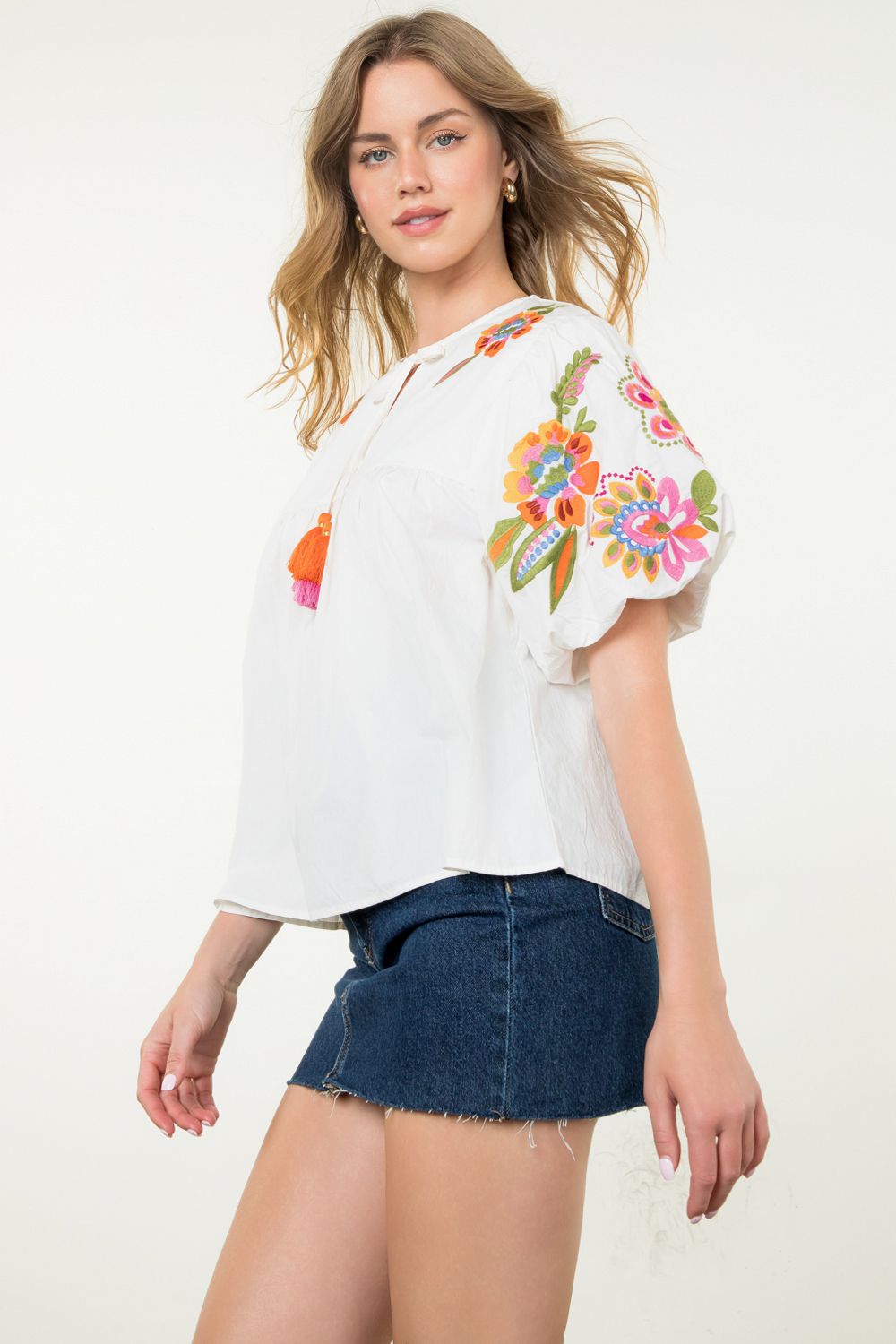 Embroidered Detail Puff Sleeve Top