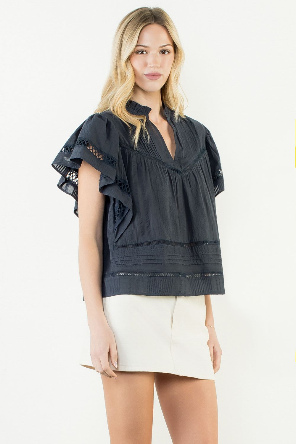 Midnight Eyelet Flutter Blouse