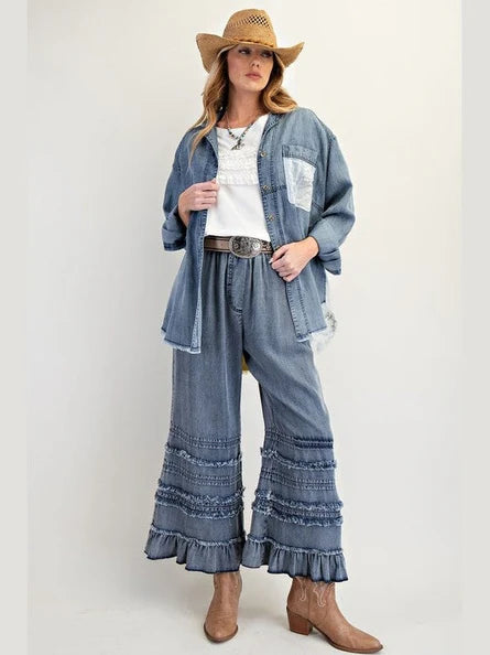 Dark Denim Fray Washed Pants