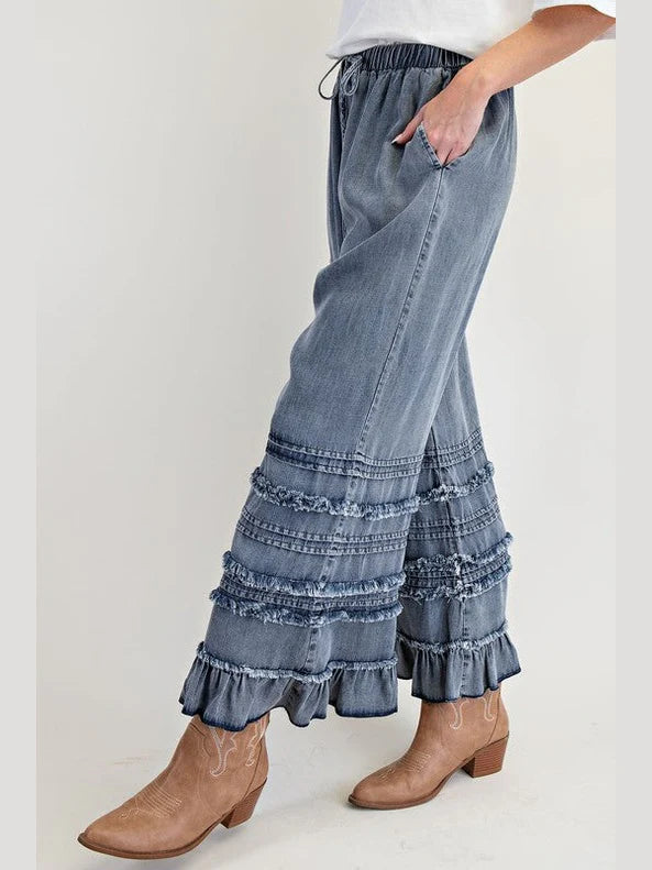 Dark Denim Fray Washed Pants
