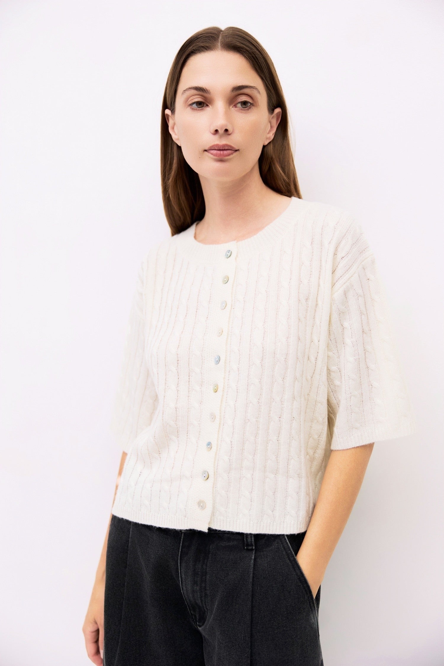 Short Sleeve Cable Knit Sweater