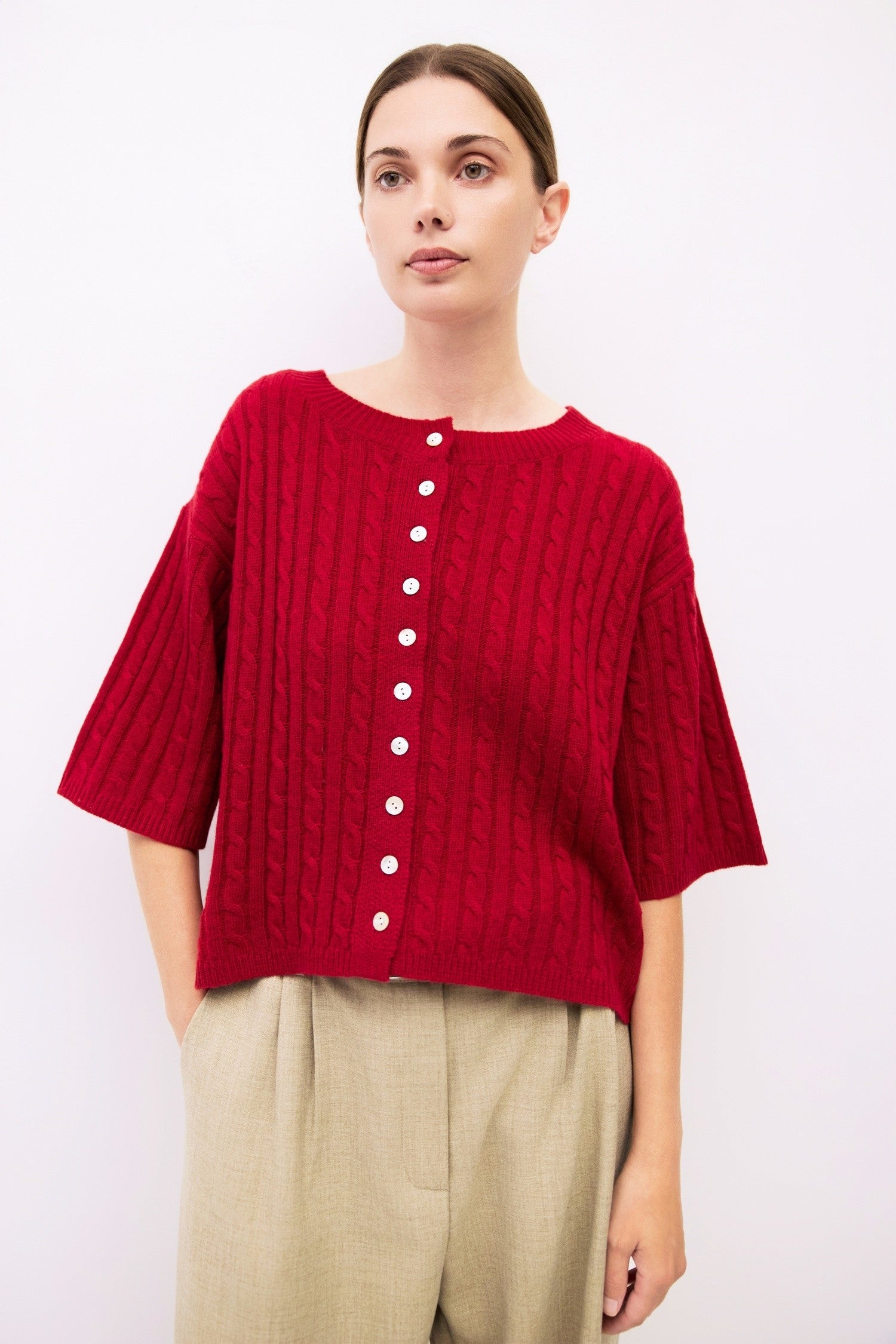 Short Sleeve Cable Knit Sweater