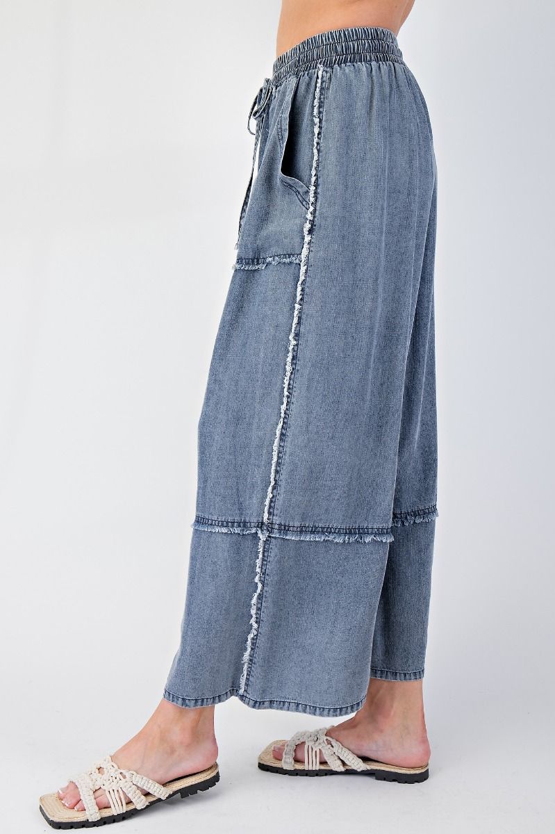 Self Fray Washed Chambray Palazzo Pants