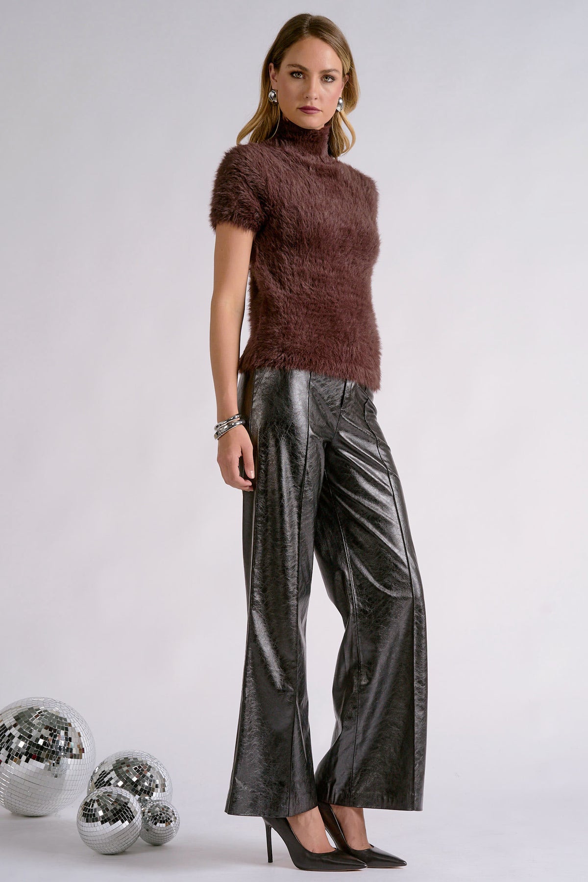 Fur Short-Sleeve Turtleneck Sweater