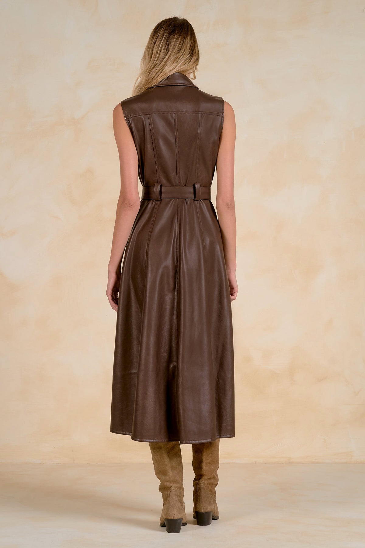 Sleeveless Belted Leather Midi Dress