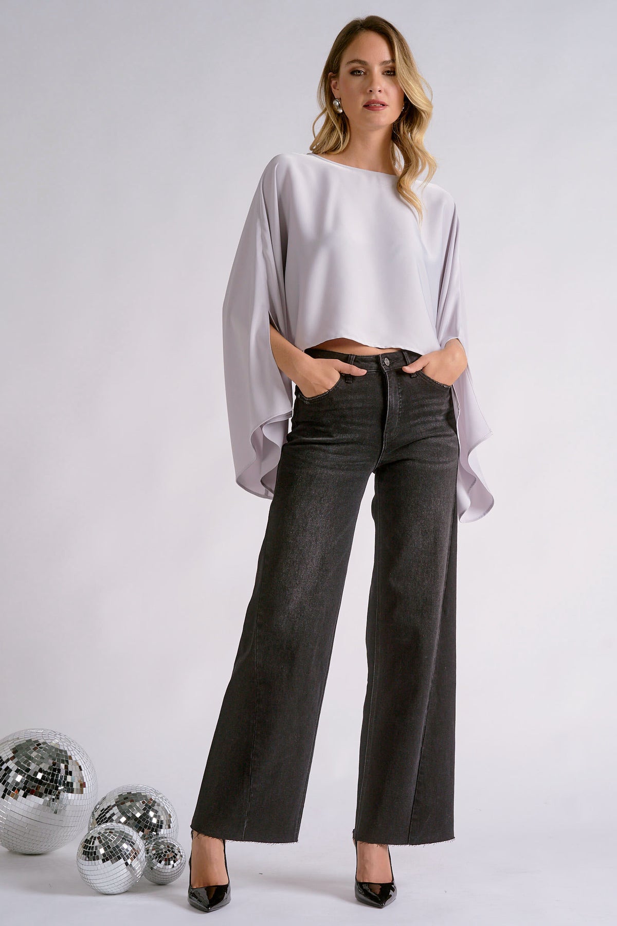 Silver Satin Cape Blouse