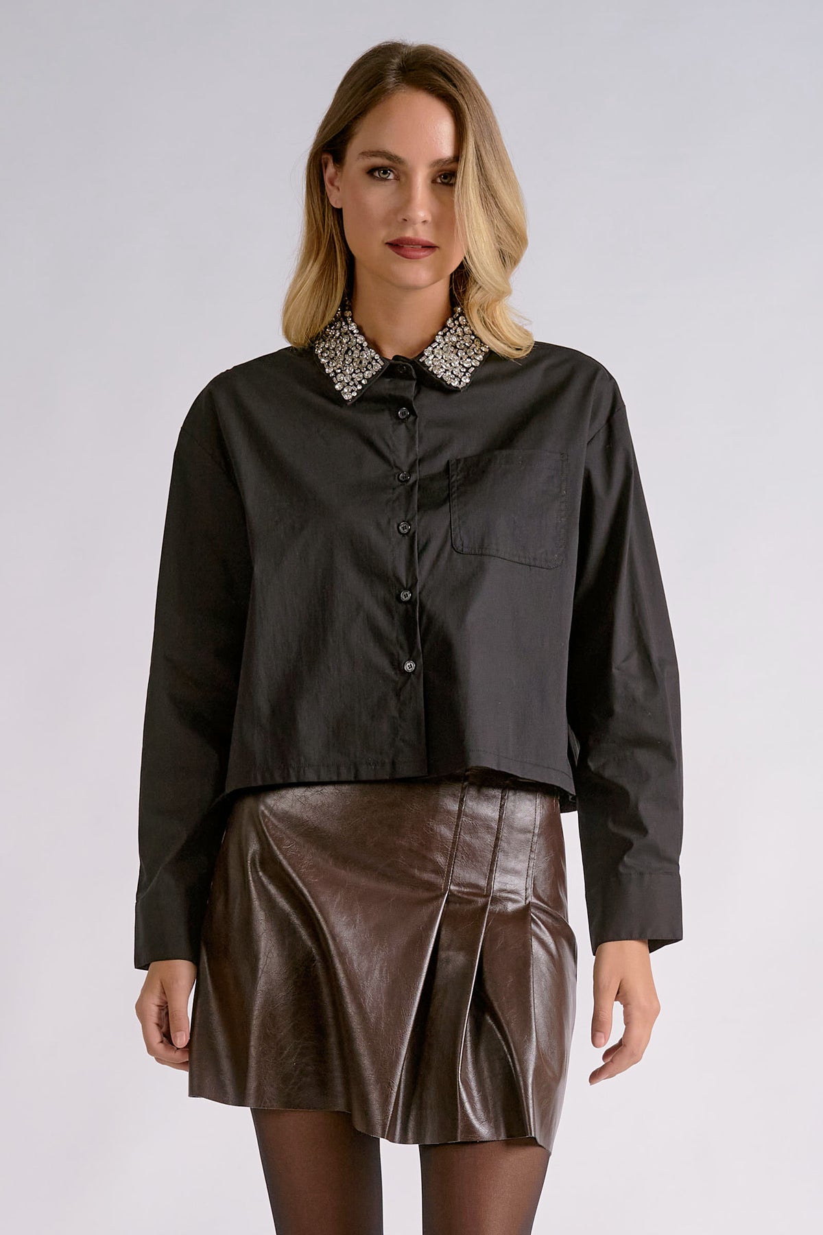 Sparkly Bedazzled Collar Button-Up Top