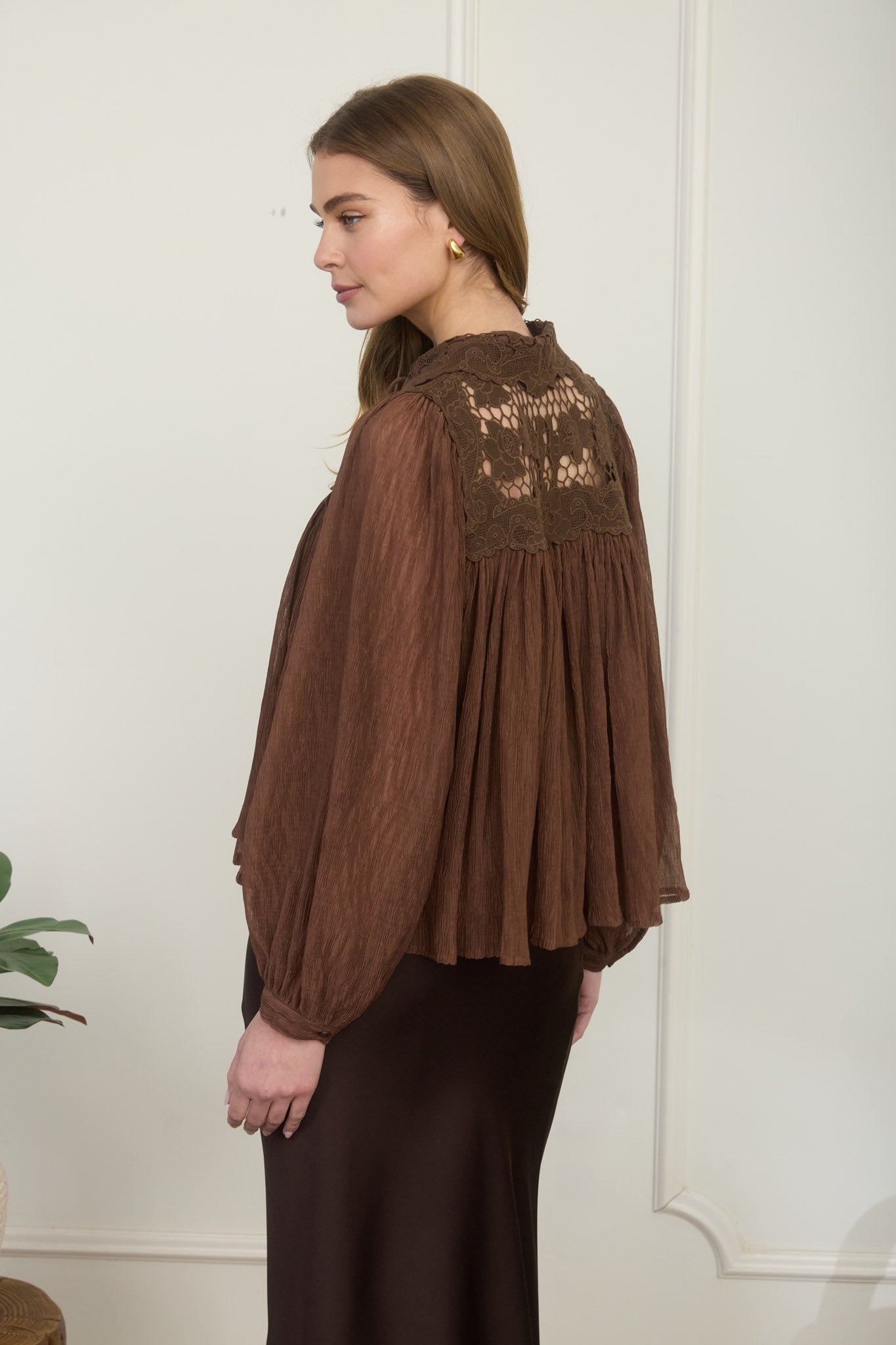 Flowy Lace-Yoke Blouse