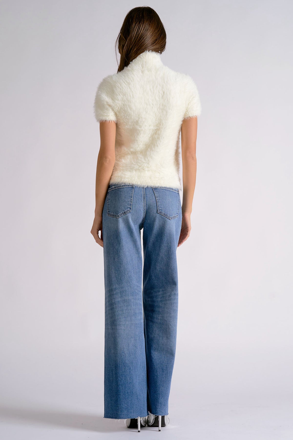 Fur Short-Sleeve Turtleneck Sweater