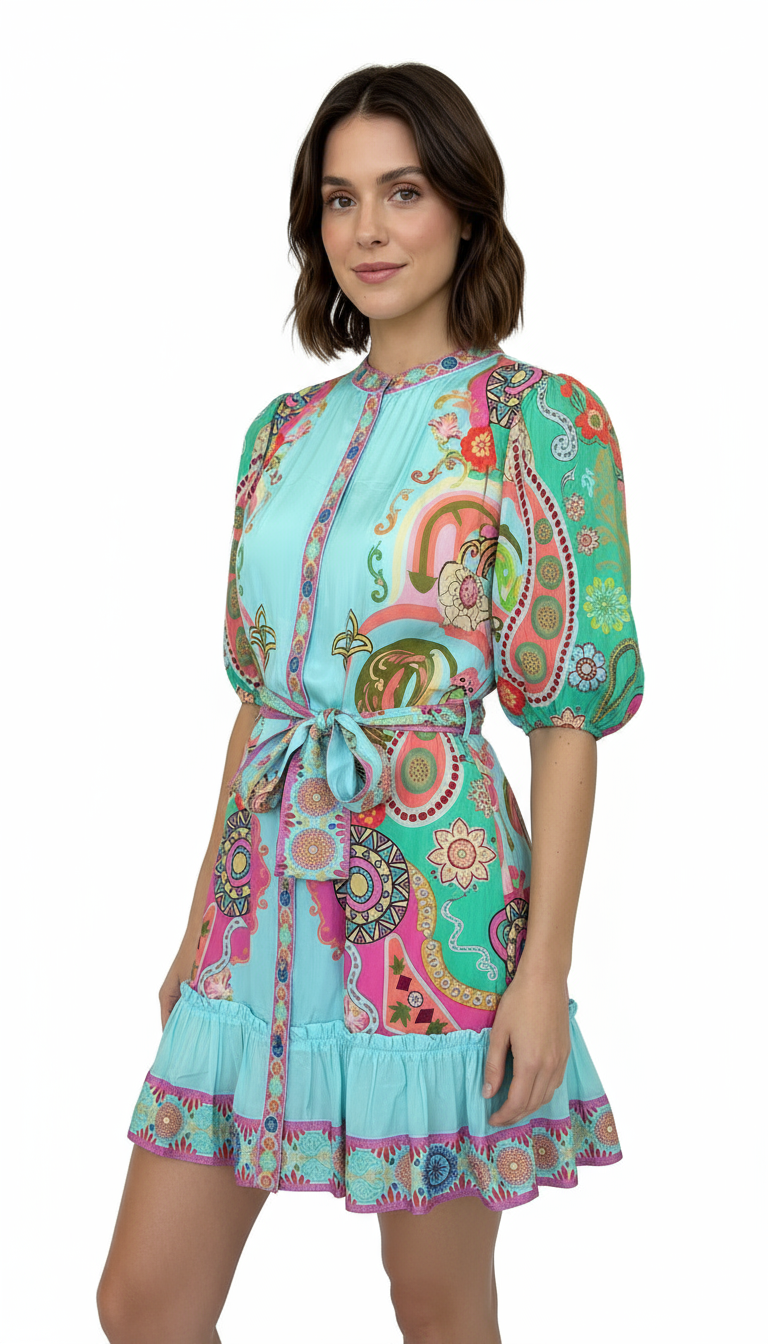 Side view of a woman wearing a colorful turquoise paisley mini dress with puff sleeves and a matching tie waist belt.