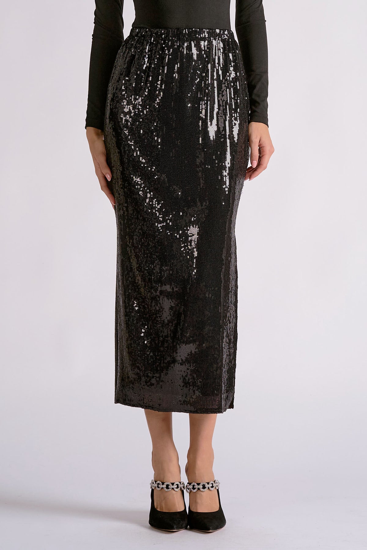 Sparkly Black Sequin Midi Skirt