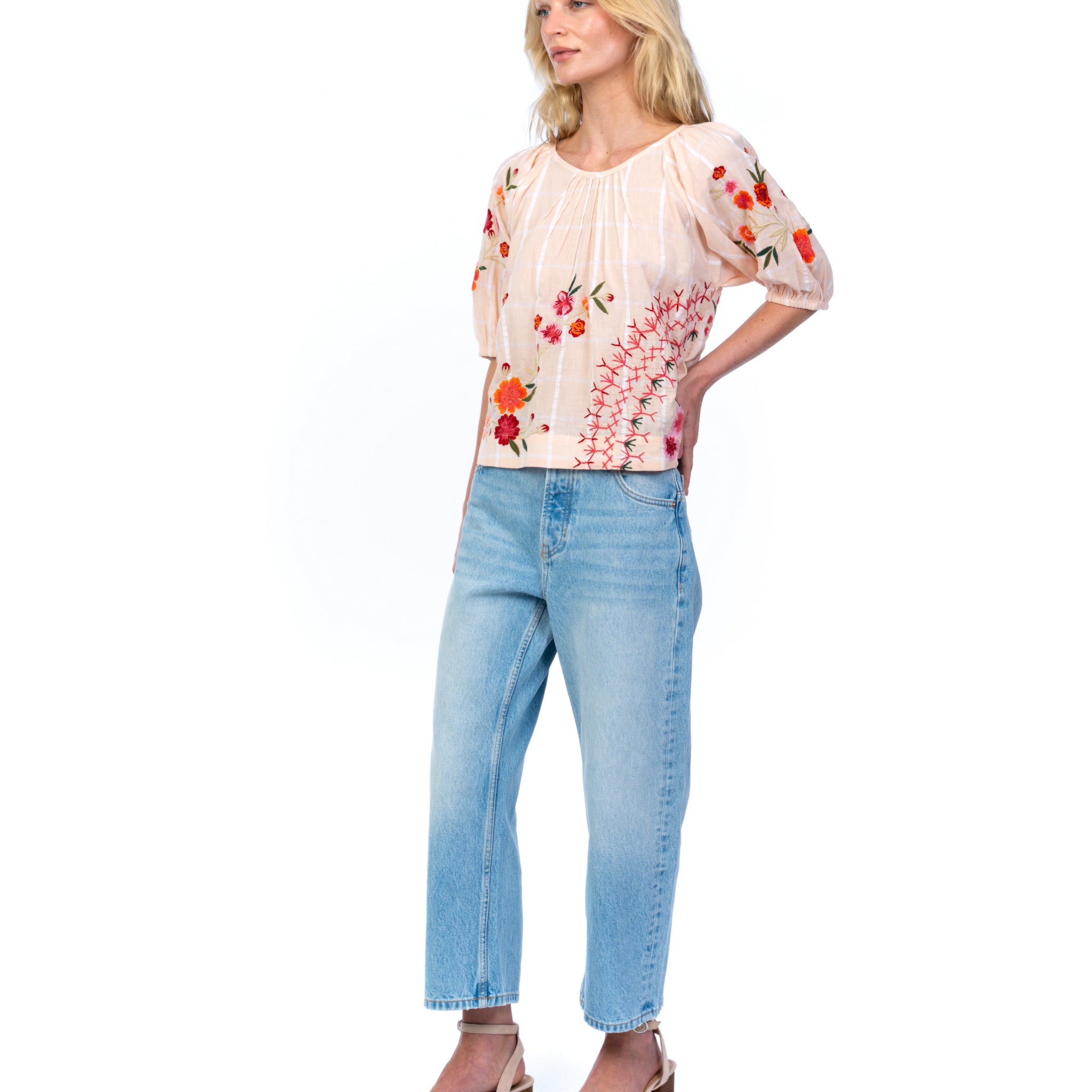 Peach Windowpane Embroidered Blouse