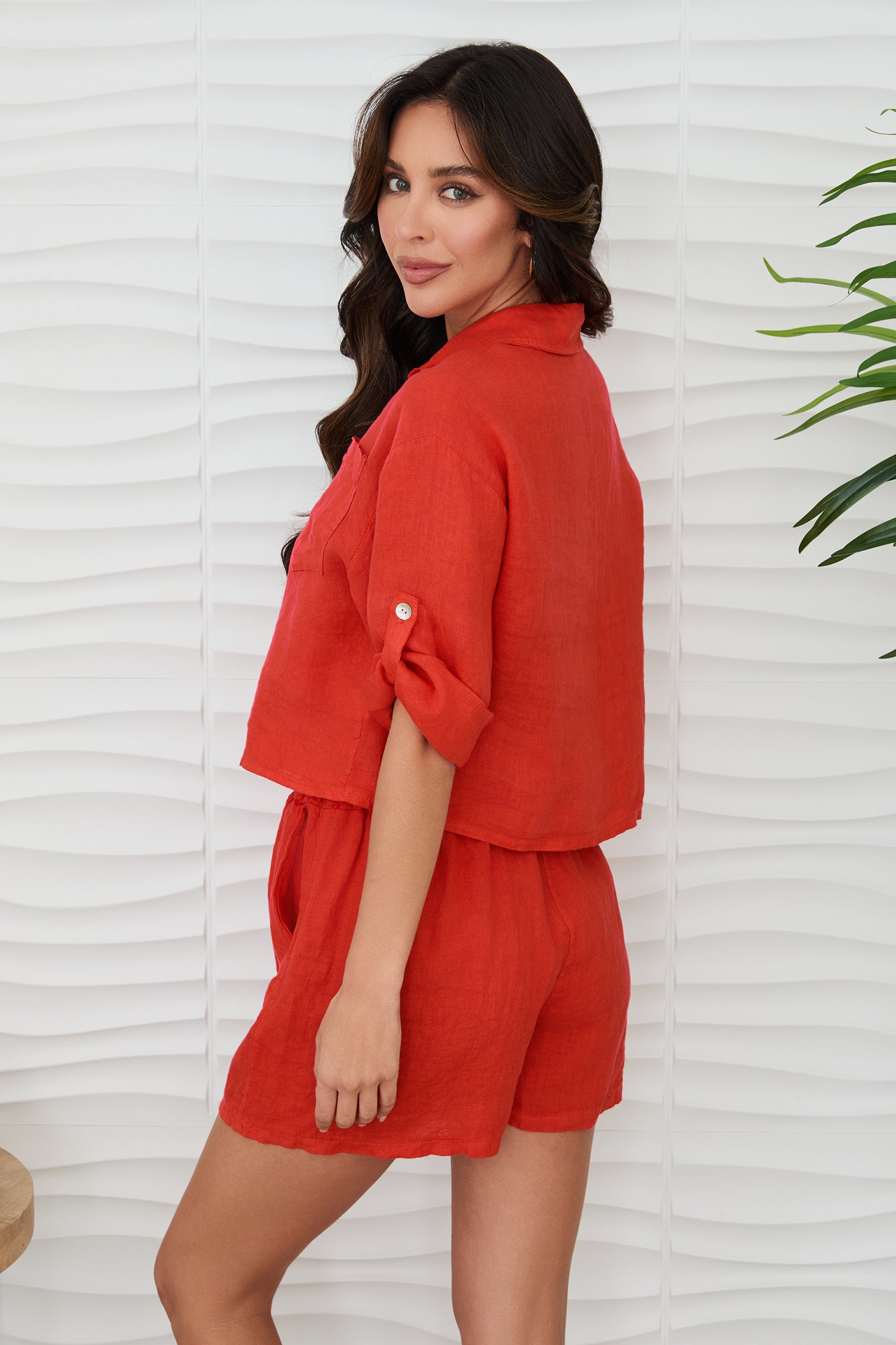 Linen Button Up Roll-Tab Sleeve Top with Front Pocket