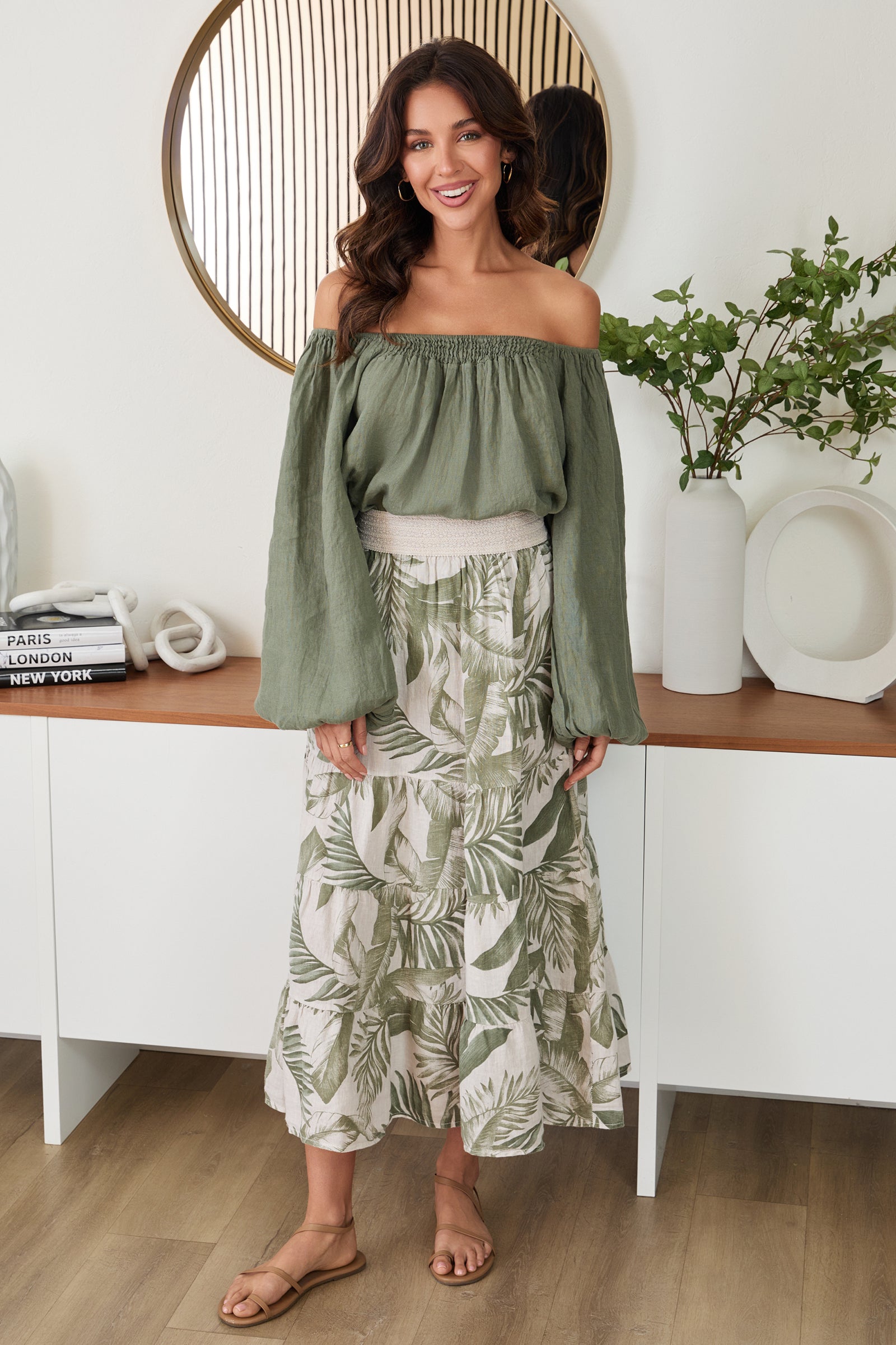 Hawaiian Print Tiered Linen Maxi Skirt