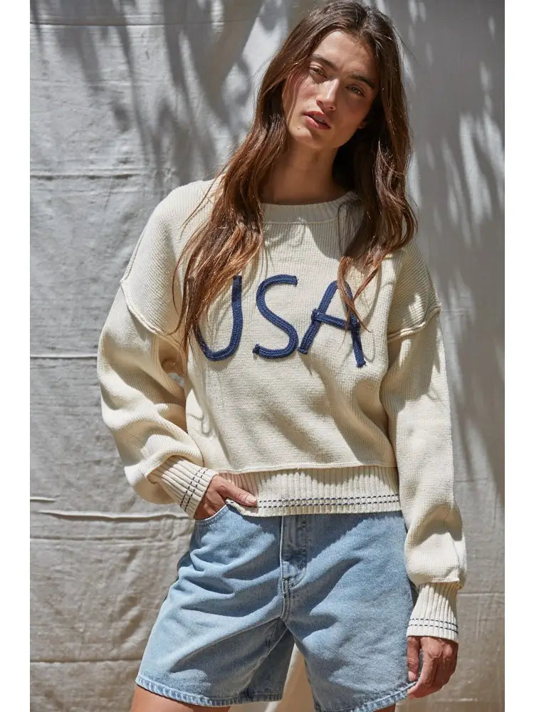Embroidered "USA" Knit Sweater