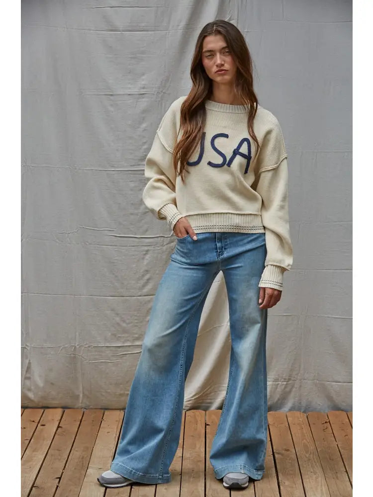 Embroidered "USA" Knit Sweater