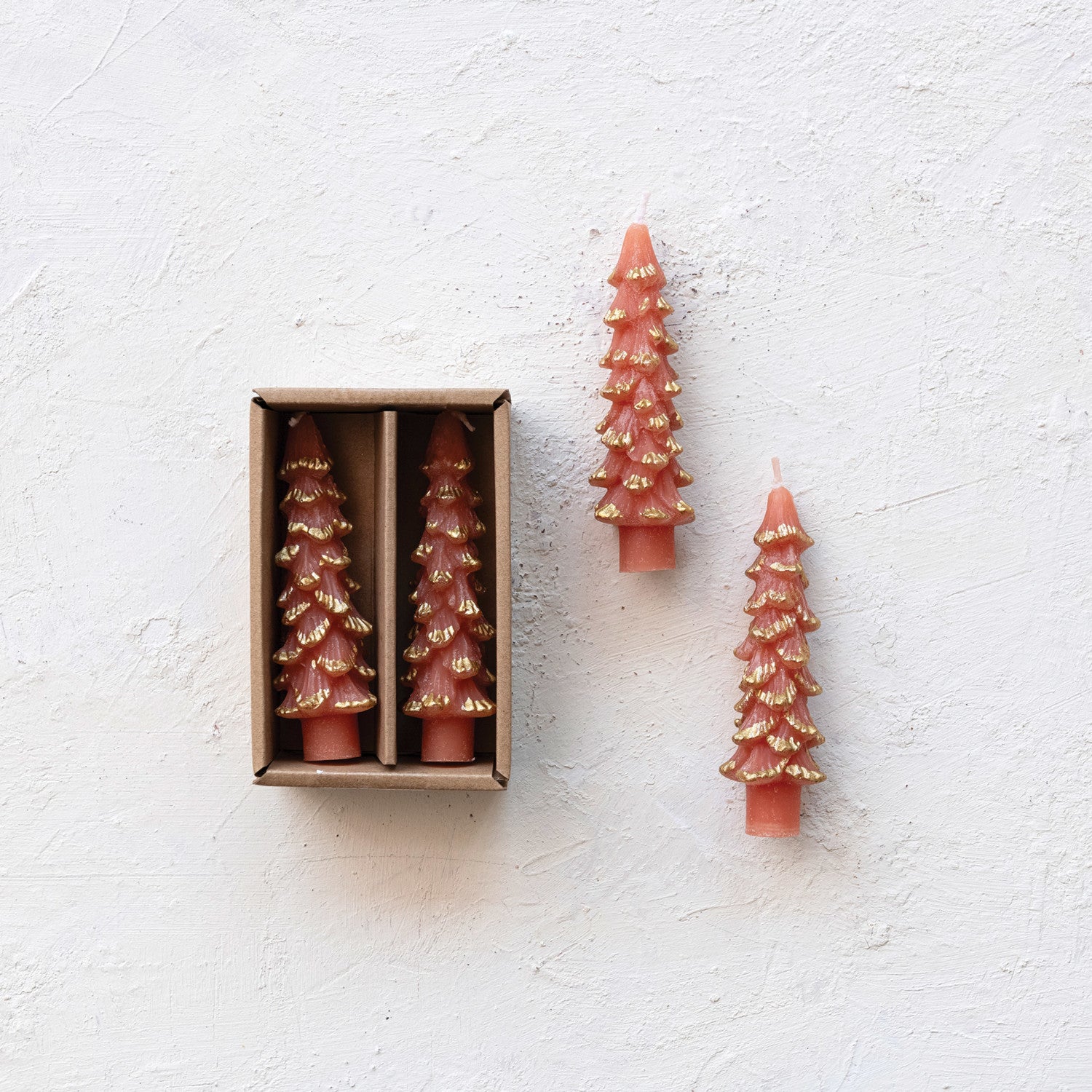 Coral Unscented Tree Shaped Taper Candles with Gold Tips in Box, Set of 2