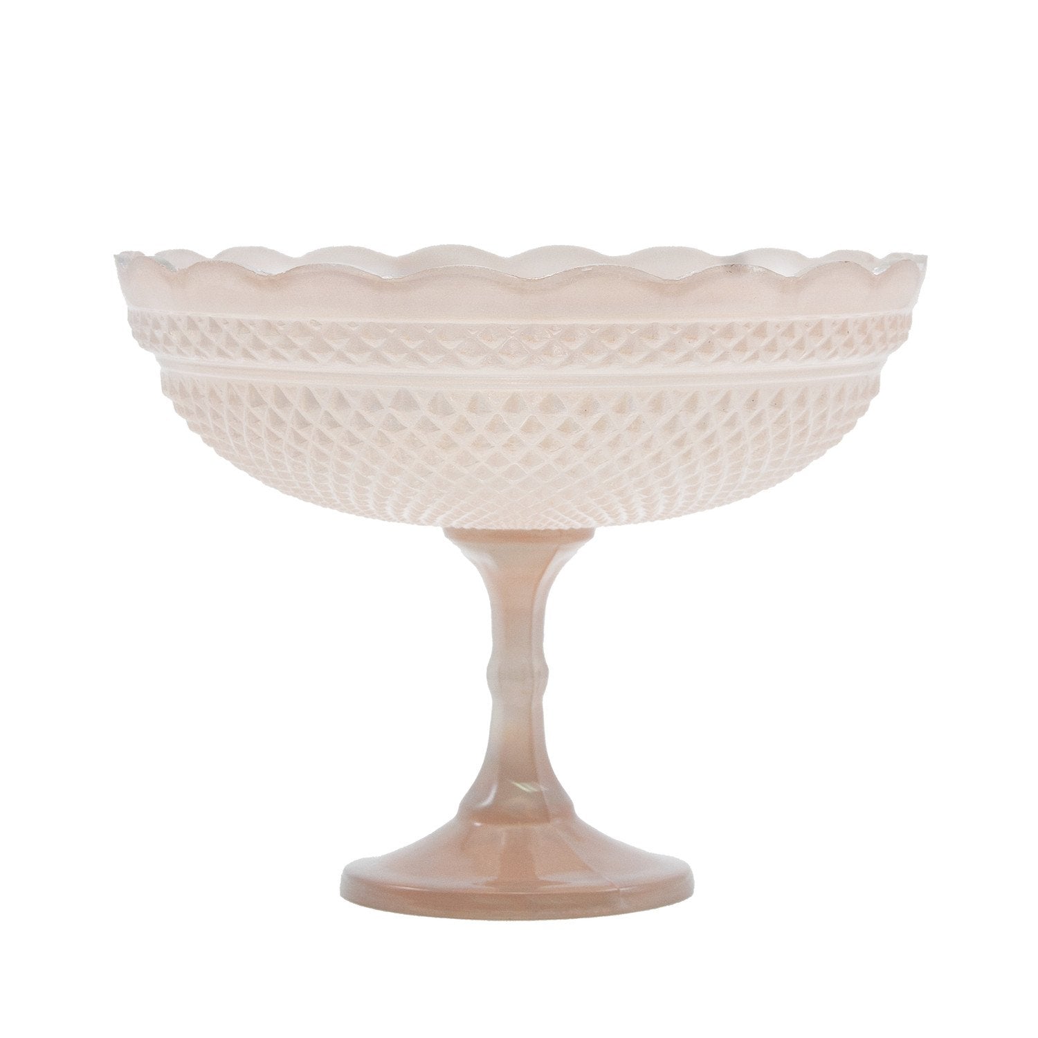 9" Round x 7-1/4"H Pressed Glass Scalloped Footed Bowl, Blush Color