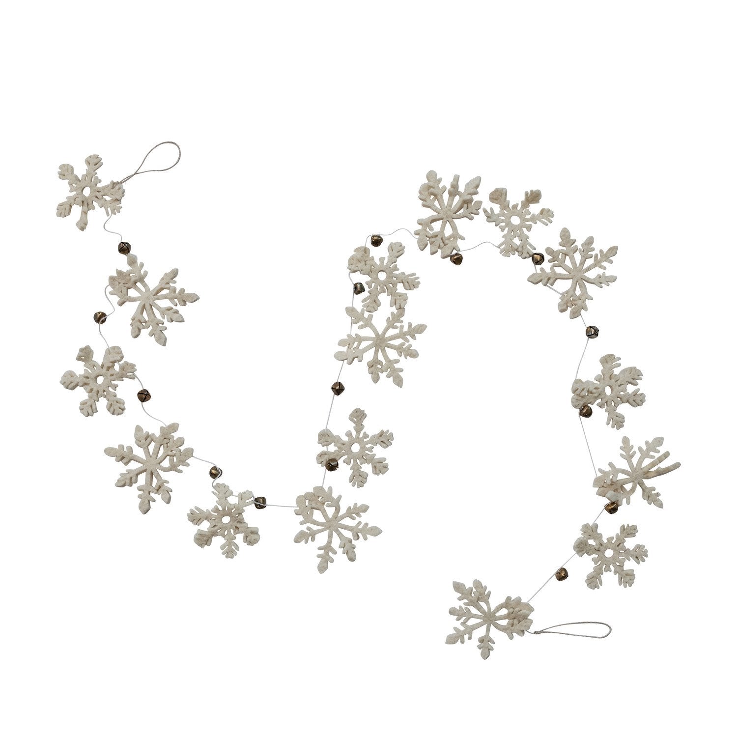 Handmade Wool Felt Snowflake Garland with Gold Finish Metal Bells