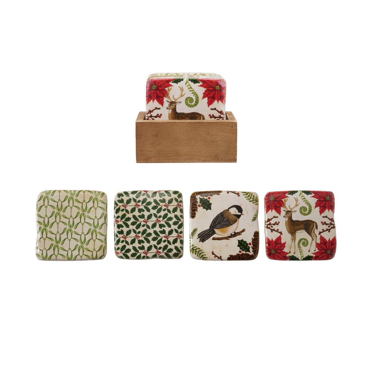 Resin Coasters with Seasonal Botanicals/Animals in Wood Box, Set of 5 ©
