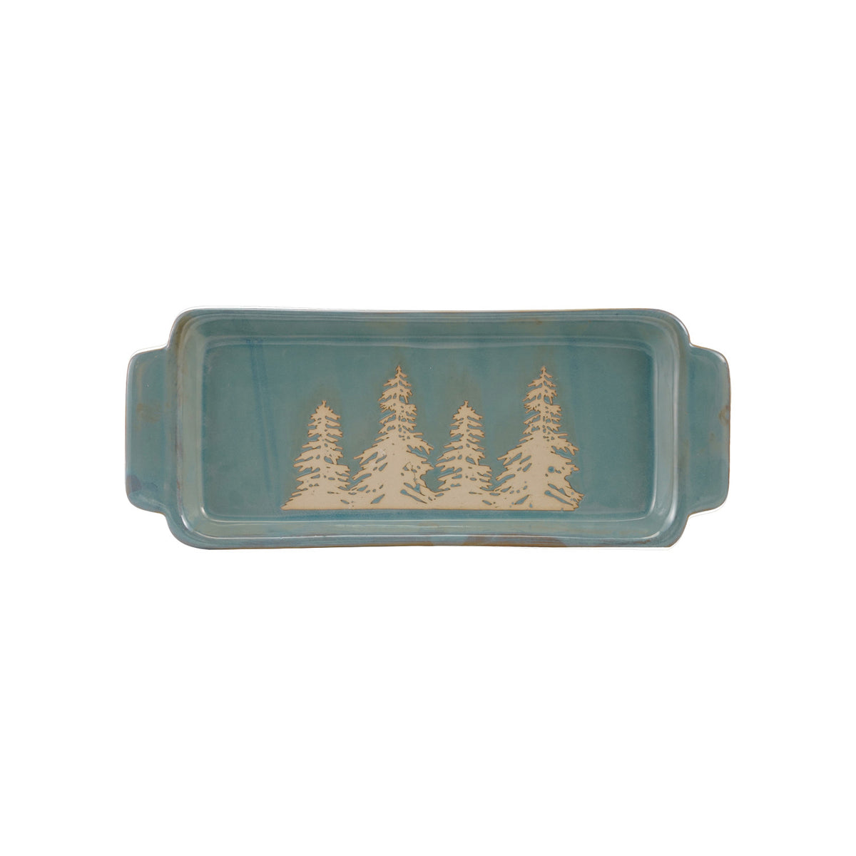 Stoneware Tray with Handles & Wax Relief Trees, Blue (Each One Will Vary)