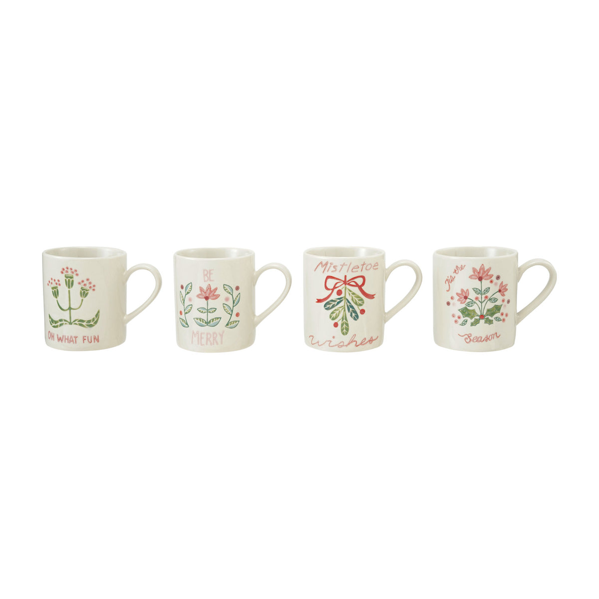 14 oz. Hand-Painted Stoneware Mug with Wax Relief Holiday Botanicals & Saying, 4 Styles ©