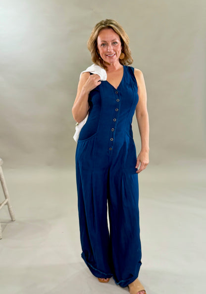 Relaxed Navy Snap-Front Jumpsuit