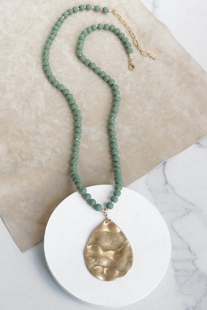 Long Wooden Bead Necklace with gold teardrop-Olive Green