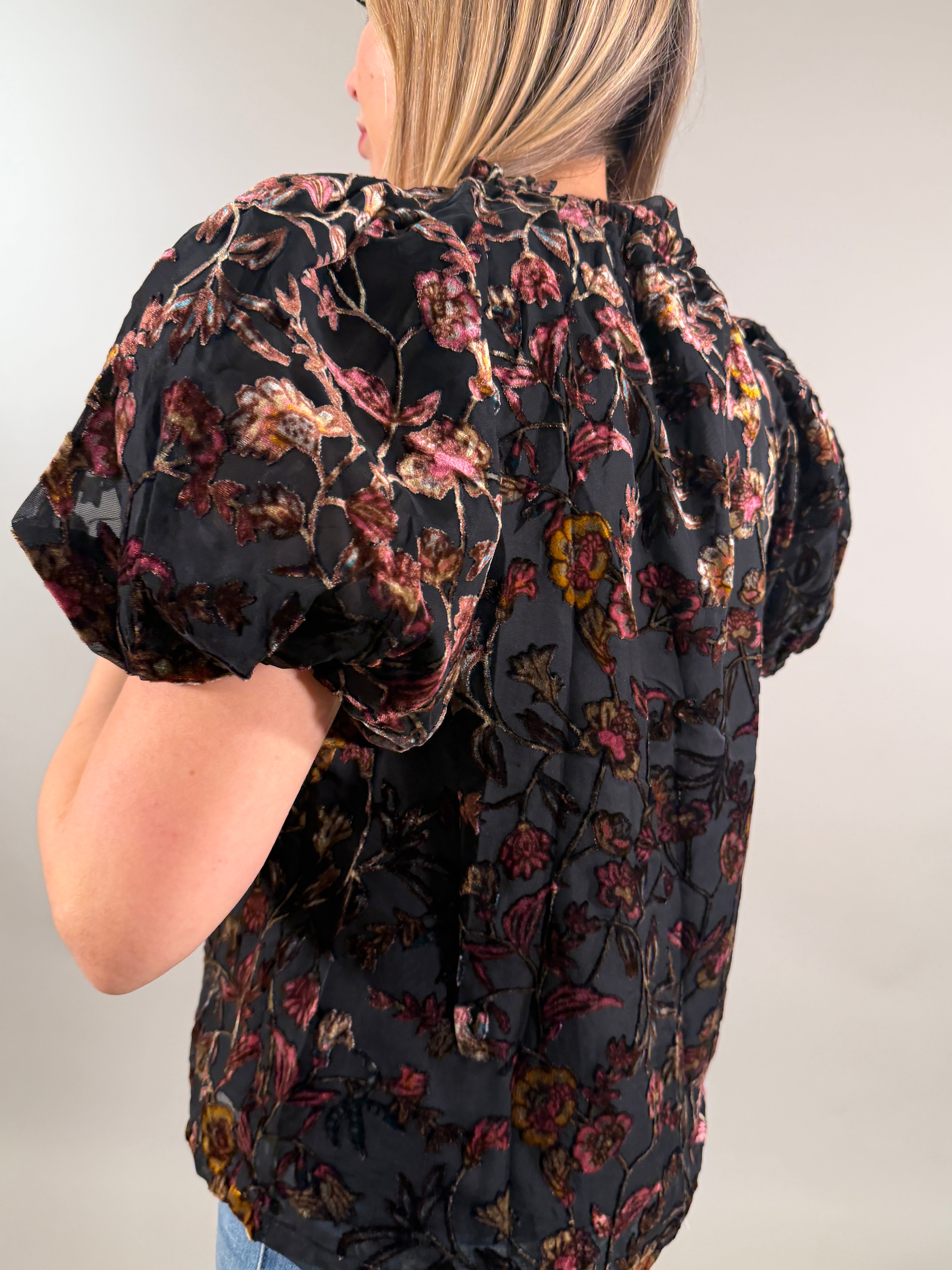 Romantic Velvet Burnout Puff Sleeve Top