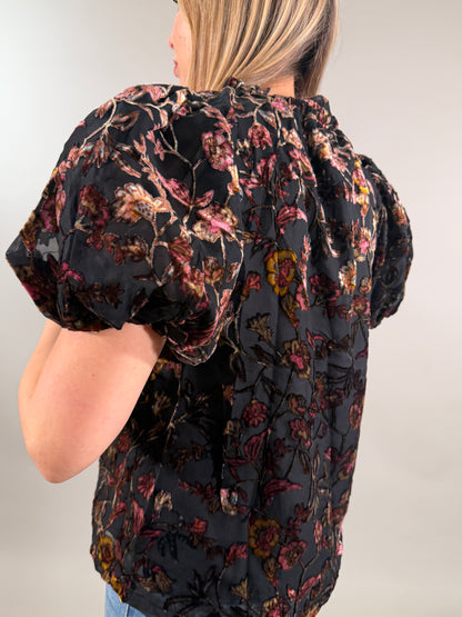 Romantic Velvet Burnout Puff Sleeve Top