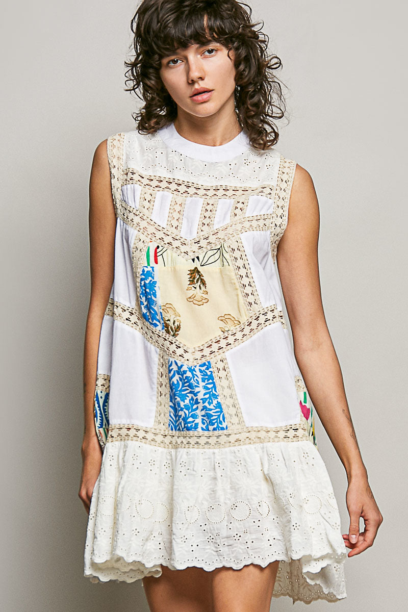Cream Lace with Colorful Pattern Dress