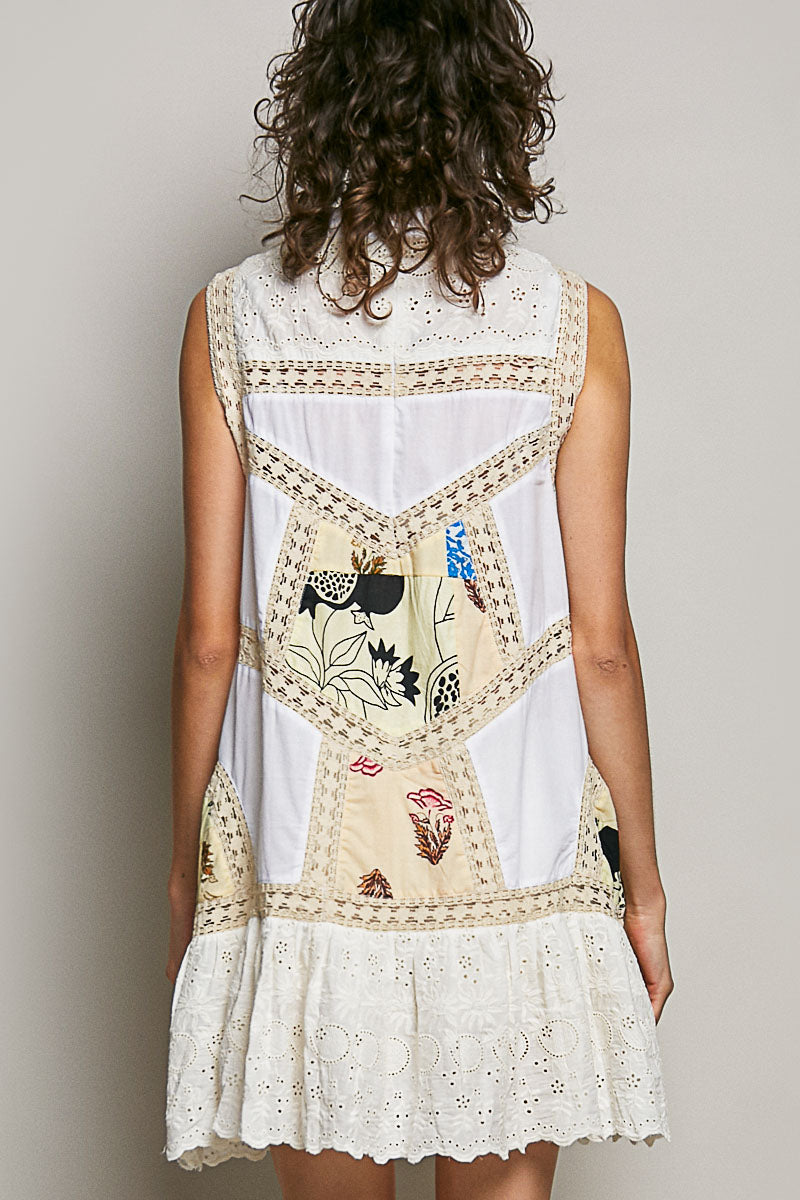 Cream Lace with Colorful Pattern Dress
