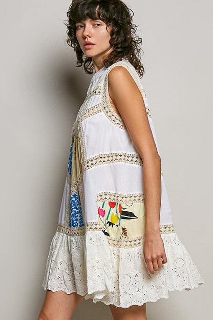 Cream Lace with Colorful Pattern Dress